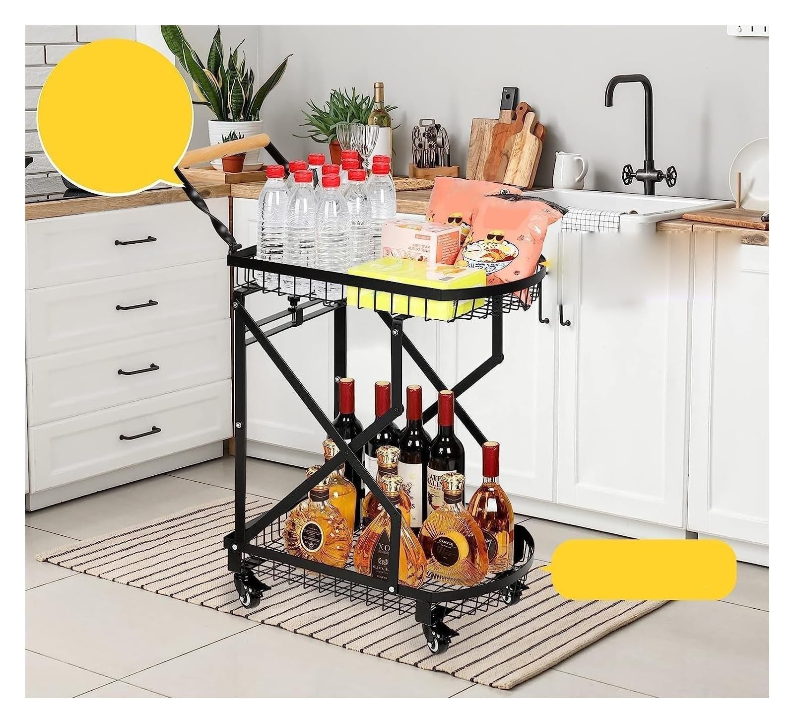 Carrello portaoggetti, carrello pieghevole a 2 ripiani con ruote girevoli a 360°, carrello mobile multifunzionale for campeggio, shopping, viaggi, giardino, carrello portaoggetti facile da riporre.