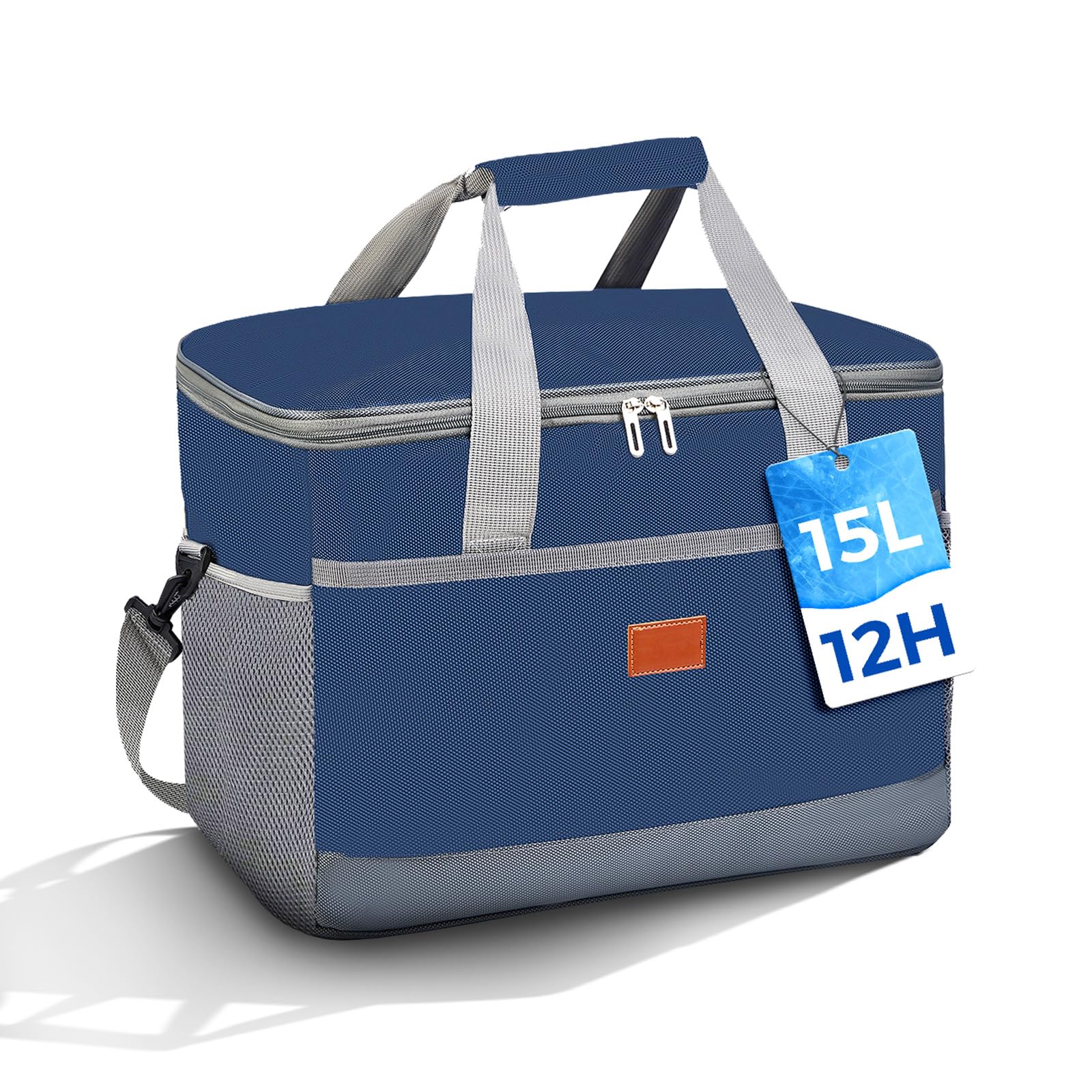 FOSER Cool Bag 35 L Large Thermal Bag Foldable with Carry Straps Lunch Bag Camping Bag Cool Backpack Shopping Bag Car Thermal Box for Outdoor, Office (Navy Blue, 15 L)
