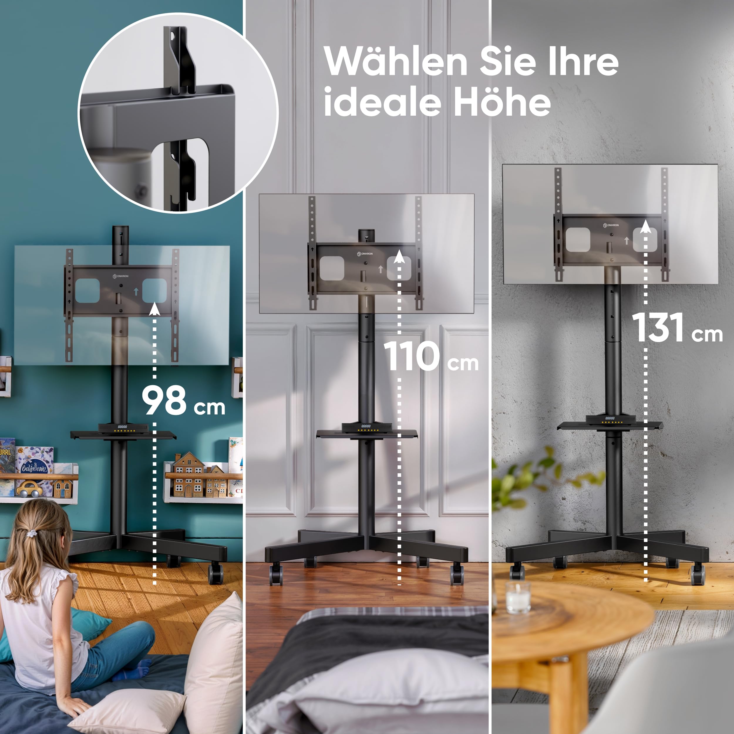 ONKRON TV Ständer rollbar für 23-60 Zoll Fernseher, max Last 45 kg, mobiler TV Standfuss höhenverstellbar, Fernseh Rollwagen max VESA 400x400, Fernsehständer mit Rollen, Ablage Schwarz TS1137-B