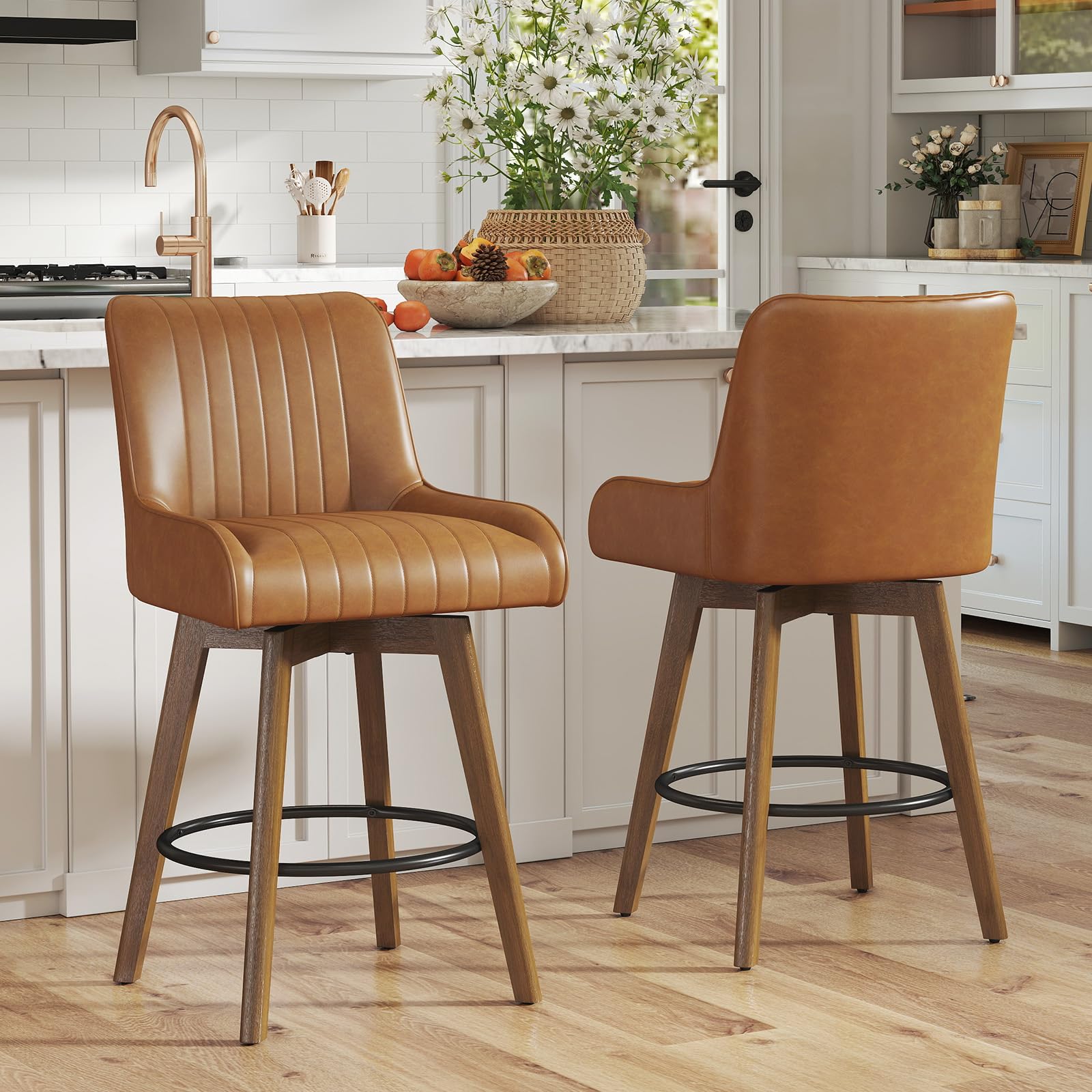 360° Swivel Bar Stools Set of 2, 66cm Wooden Bar Stools with Backs, Pocket Spring Cushions, 12cm Thick Cushion, Thailand Rubberwood Legs, for 88–95cm Kitchen Counter, Mid-Century Modern, Load 150KG