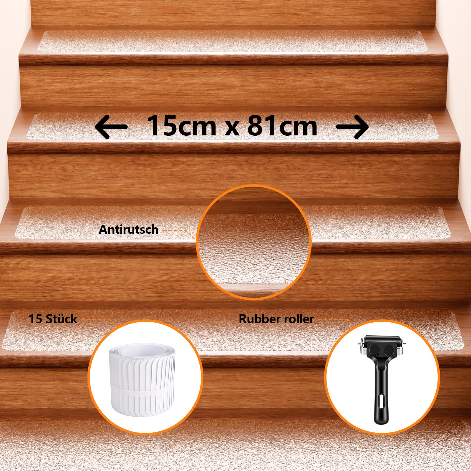 Priksia Lot de 15 tapis d'escalier antidérapants - 15 x 80 cm - Transparent - Auto-adhésif - Imperméable - Antidérapant - Pour marches en bois, sol, escaliers - Bandes adhésives antidérapantes