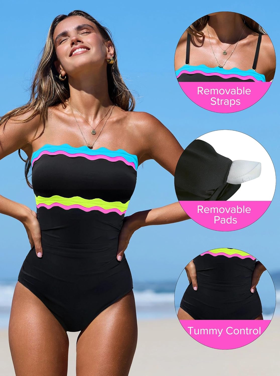 popvil One Piece Swimsuits for Women Tummy Control Strapless Bathing Suits 2026 Neon Bandeau Swimwear - Image 4