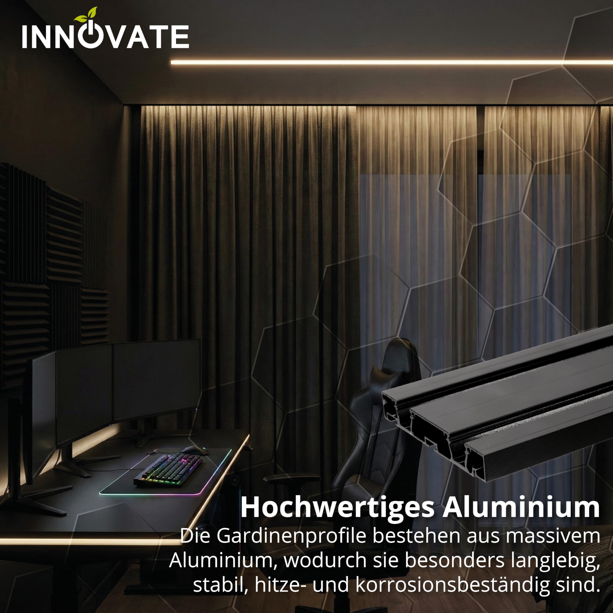 INNOVATE Gardinenschiene 2-läufig Alu Weiß 2m I Vorhangschiene 2-läufig | Gardinenstange Aluminium LED Streifen Gardinen 2000x95x14 mm I Vorhangstange Schiebegardinen Vorhänge Schiebevorhang Decke