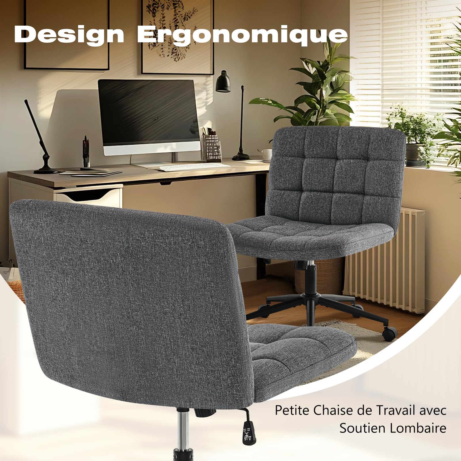 Hellove Chaise De Bureau à Domicile avec Assise Large, Chaise CroiséE à roulettes, Chaises De Bureau sans Accoudoirs en Tissu Lin, Fonctions Pivotantes Et Inclinables RéGlables en Hauteur, Gris