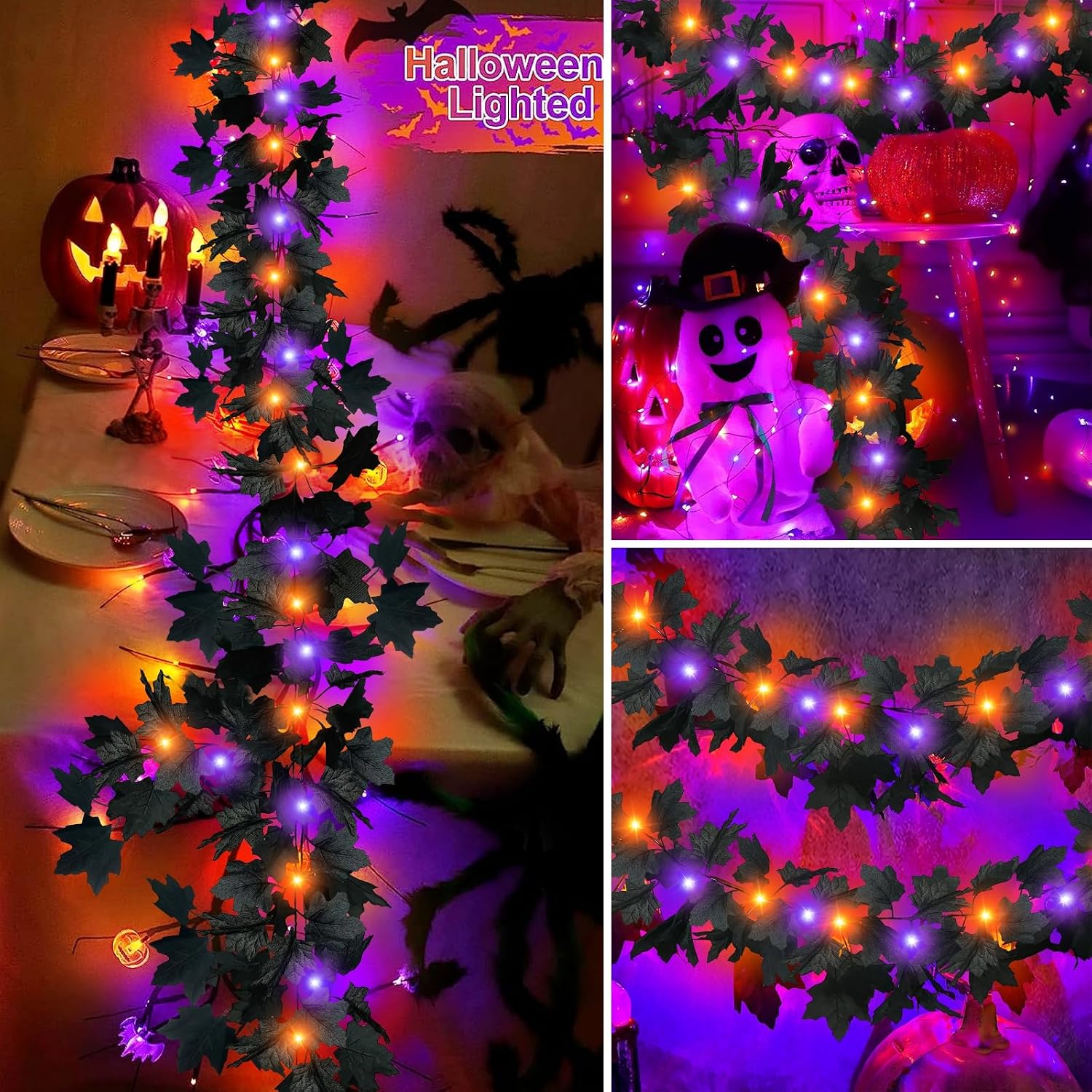 Timer and Thicker - 2 Pack Halloween Black Maples Leaf Garland Purple & Orange Lights Total 13 Ft 40 LED Halloween Decorations Artificial Black Garland for Home Indoor Mantle Fireplace Table Decor
