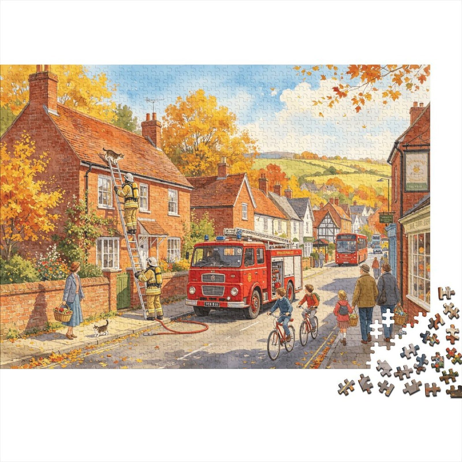 Autumn Village 1000 Piece Jigsaw Puzzle Recycled Paper Rescue The Kitten Puzzles for Elderly Fun And Challenging Family Game Perfect for Holiday Blessings 52x38cm/1000pcs