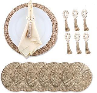 Boho Woven Placemats Set of 6 with Wooden Napkin Rings, 13 Inch Natural Water Hyacinth Place Mats for Dining Table, Heat-Resistant Charger Plates for Christmas Thanksgiving Rustic Home Decor