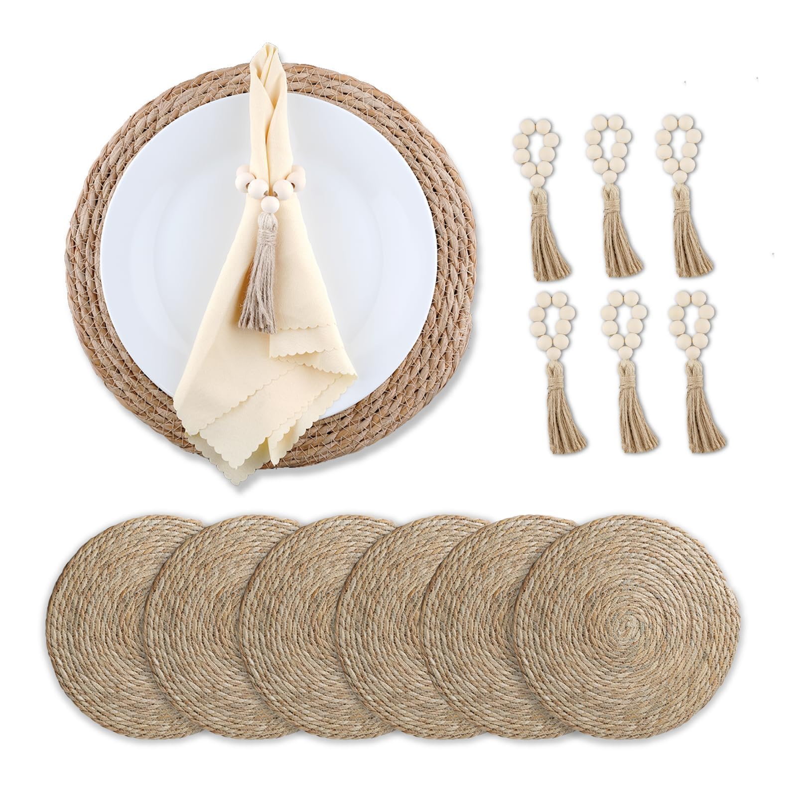 Runde Tischsets aus natürlicher Wasserhyazinthe, gewebte Rattan-Tischsets mit Holzperlen, Serviettenringe, 33 cm Durchmesser, 6-teiliges Esstisch-Dekor