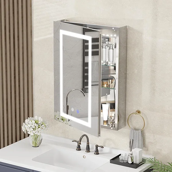 Findepot 20x28x5.3In Medicine Cabinet with Lights, Recessed or Wall Mount Lighted Bathroom Mirror Medicine Cabinet with Defog, 3 Color Temperature & Stepless Dimming, Double Sockets & USBs（Left Door）