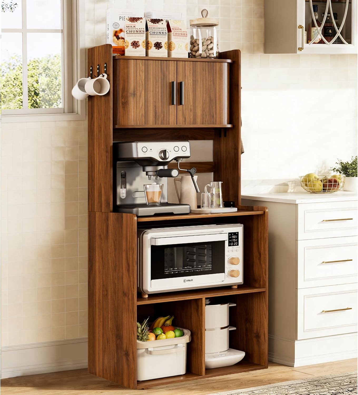 Kitchen Bakers Rack,Coffee Bar with Fluted Sliding Door,5-Tier Free Standing Kitchen Shelves Rack with 6 Hooks and Cable Holes,Microwave Stand for Small Spaces,Kitchen,Entryway,Living Room