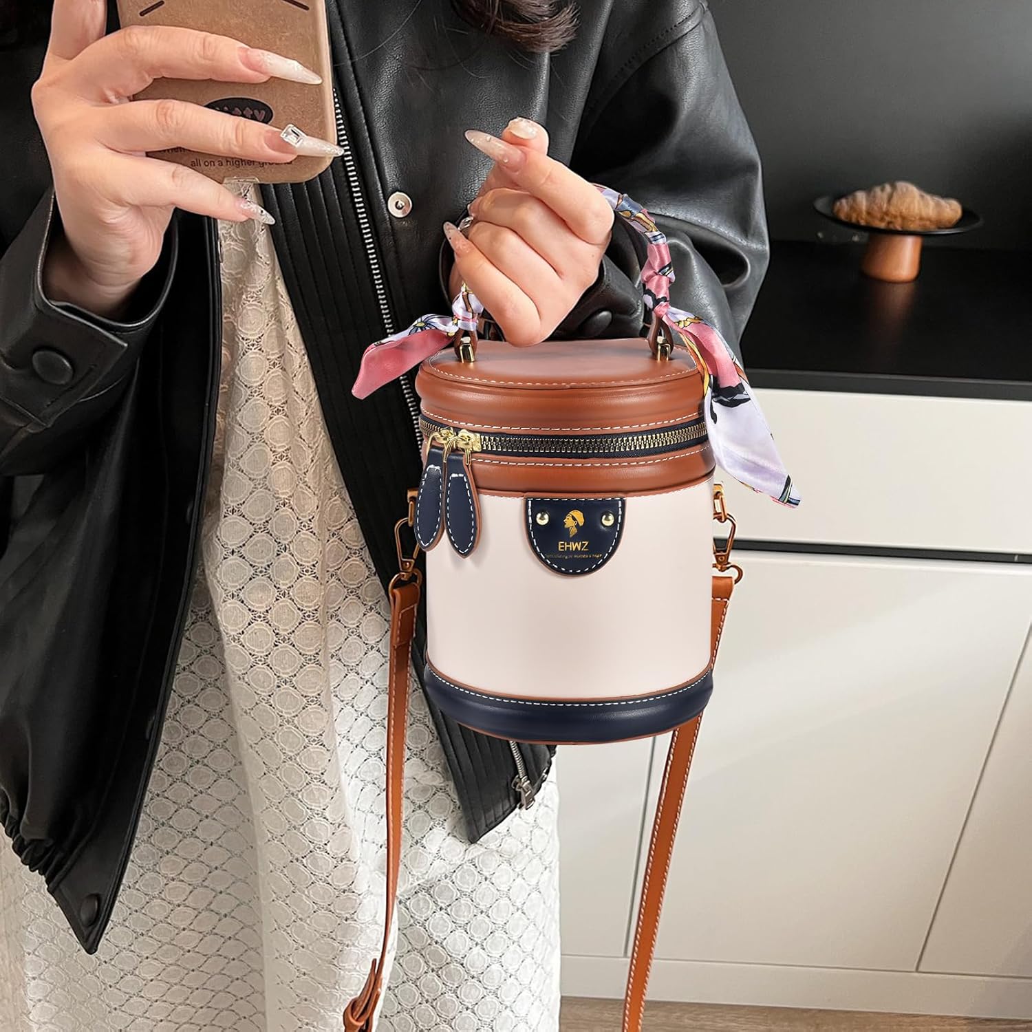 2025 Colorblock Bucket Bag for Women,Retro Crossbody Bags for Women Female PU Leather Color Contrast Cylinder - Image 2