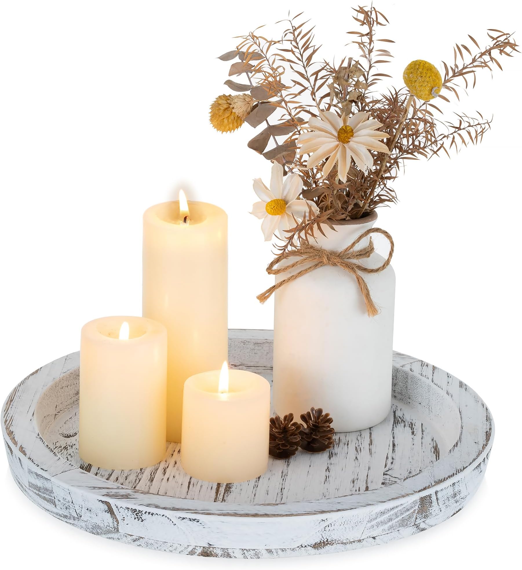 Round Wooden Decorative Tray - Wood Serving Table Platters Tray Rustic Candle Plate for Pillar Candles Dining Coffee Table Centerpiece Kitchen Accessories House Home Decor Bathroom,28.5cm