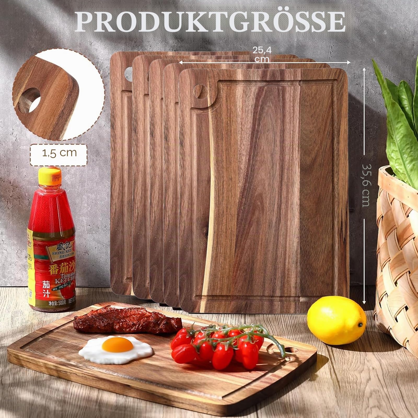 6er Set Schneidebretter aus Holz, Schneidebrett aus Akazienholz mit Saftrille, 1,5 cm Dicke, Küchen-Hackbrett aus Holz für Fleisch, Käse, Obst und Brot, 35 × 25 cm