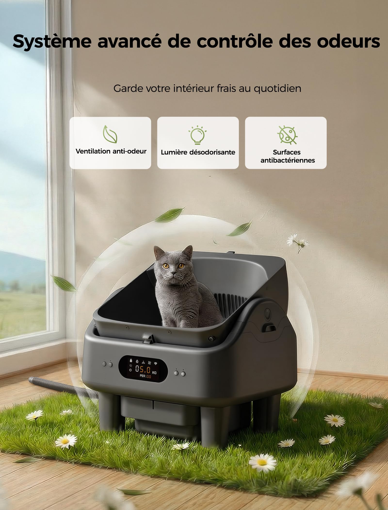 Automatische Selbstreinigende Katzentoilette mit App-Steuerung, 6-Zoll-Smart-LED-Display, 72L Kapazität, 10 Sicherheitssensoren, Geruchskontrolle, Offenes Design für mehrere Katzen, WLAN (2,4/5 GHz)