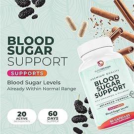 PurePremium Normal Blood Sugar Support Supplement - 20 Active Ingredients Complex to Support Blood Sugar Levels Already in The Normal Range - with Cinnamon, Bitter Melon, Chromium, Mulberry - 60ct