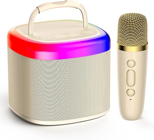 JYX Mini máquina de karaoke - Altavoz Bluetooth beige con luces de fiesta y 1 micrófono inalámbrico, ideal para niños y adultos, ideal para fiestas