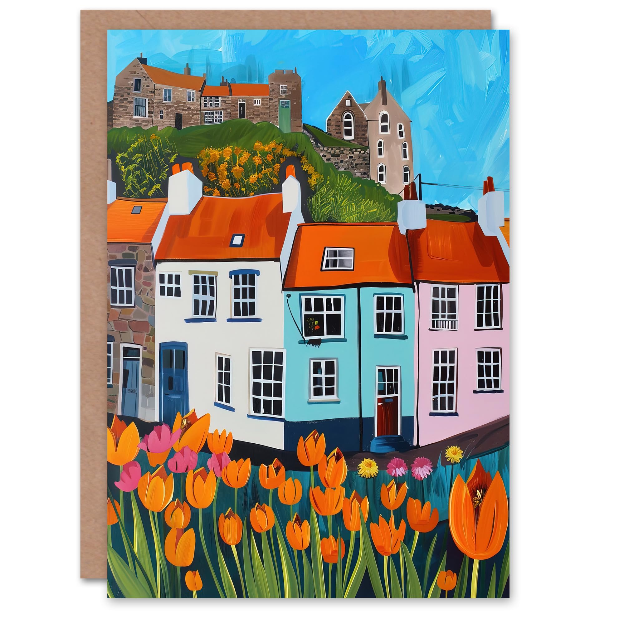 Artery8 Greeting Card Summer Day in English Town Tulips Colourful Blank For Him Or Her Art Birthday Card