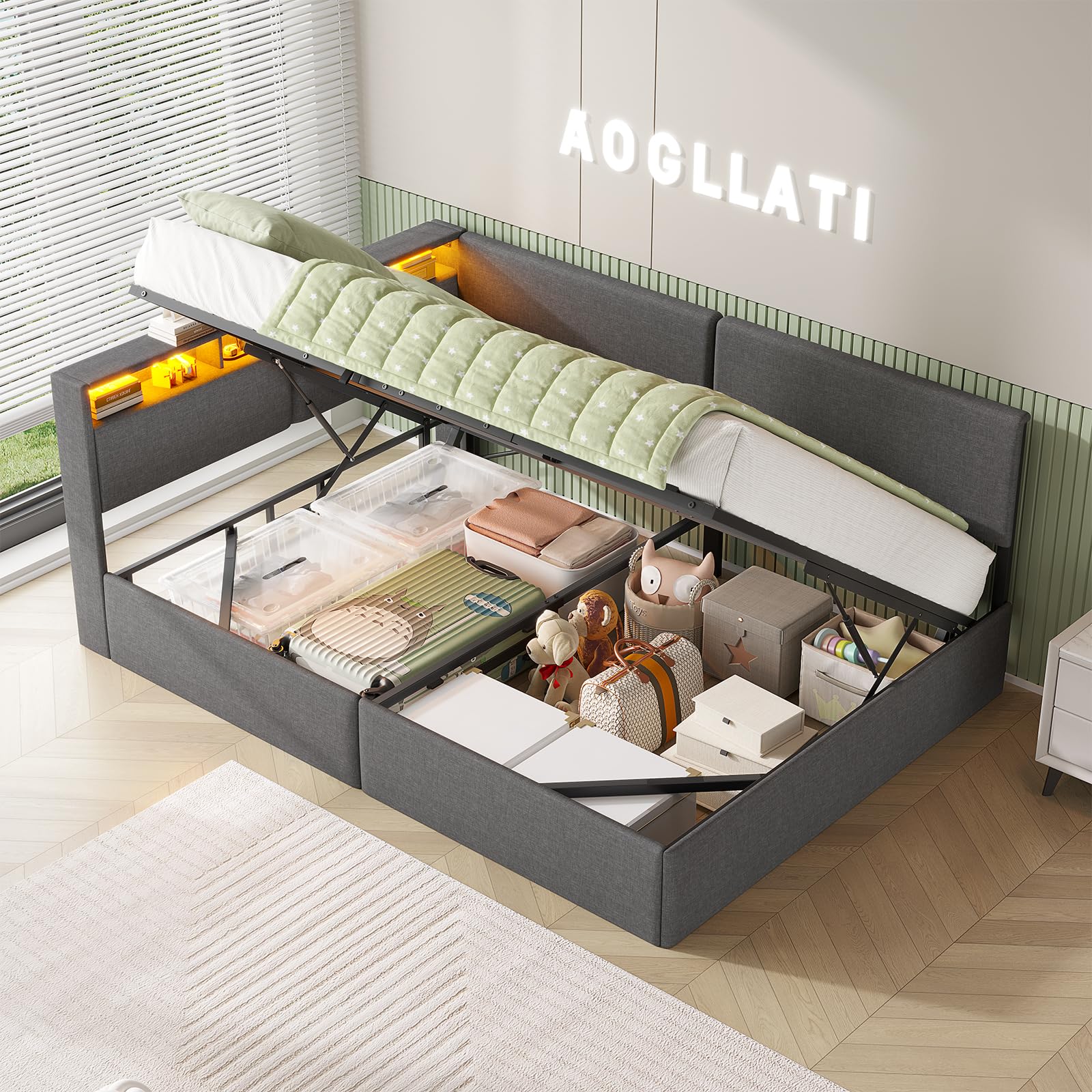 AOGLLATI Canapé lit 140 x 200, Lit Coffre 140 x 200 avec LED et Ports USB, Lit Hydraulique avec Tête de Lit capitonné et Rangement, Lit 2 Personnes avec Lattes en Bois, Lin Gris Foncé(sans Matelas)