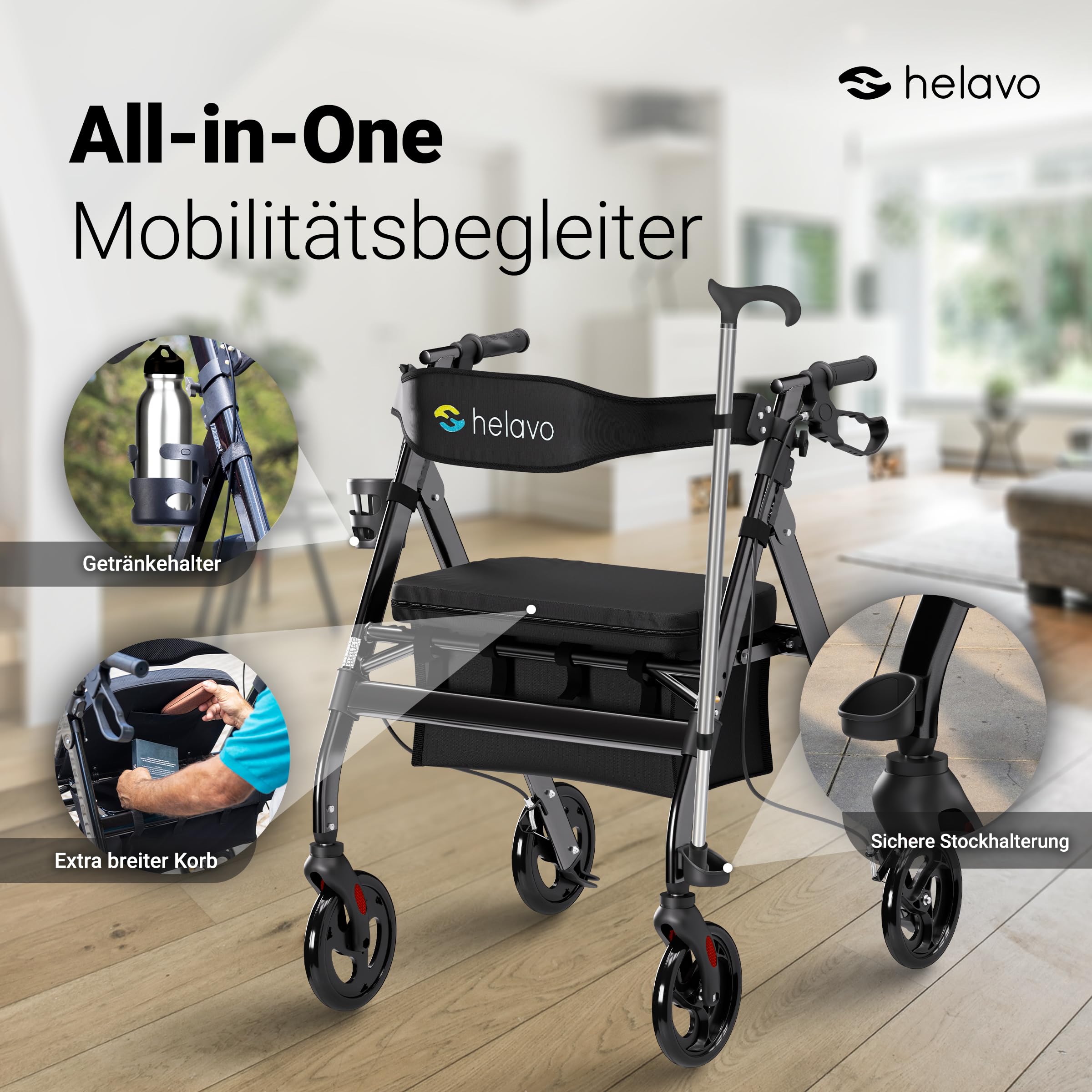 Helavo extrabreiter Schwerlastrollator mit großem Sitz - 226 kg Traglast | 57 cm Sitzbreite & 51 cm breite Sitzfläche - Verstärker Aluminiumrahmen - Höhenverstellbarer Sitz - 8" Allround-Reifen