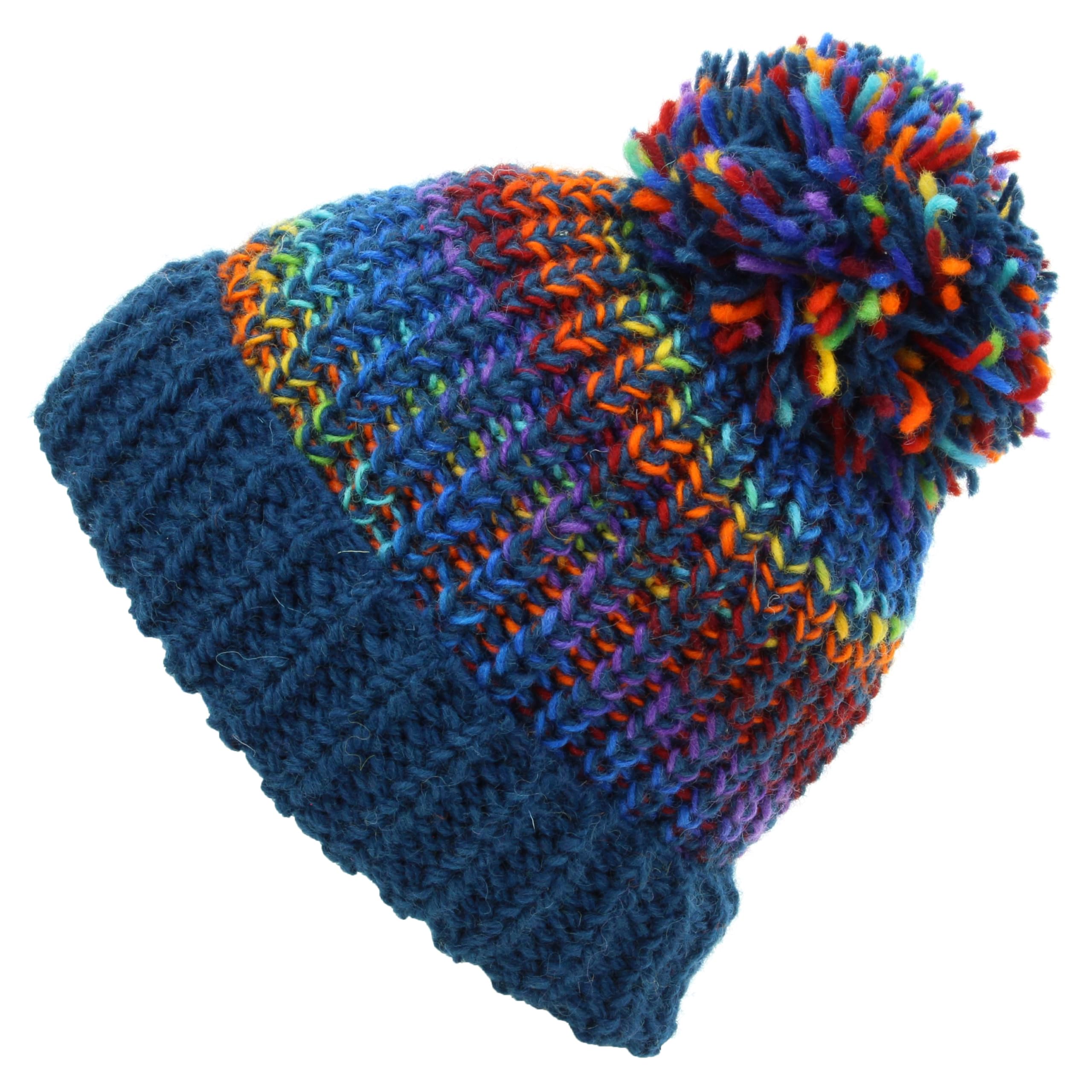 LOUDelephant Wool Knit Beanie Bobble Hat - Blue Rainbow