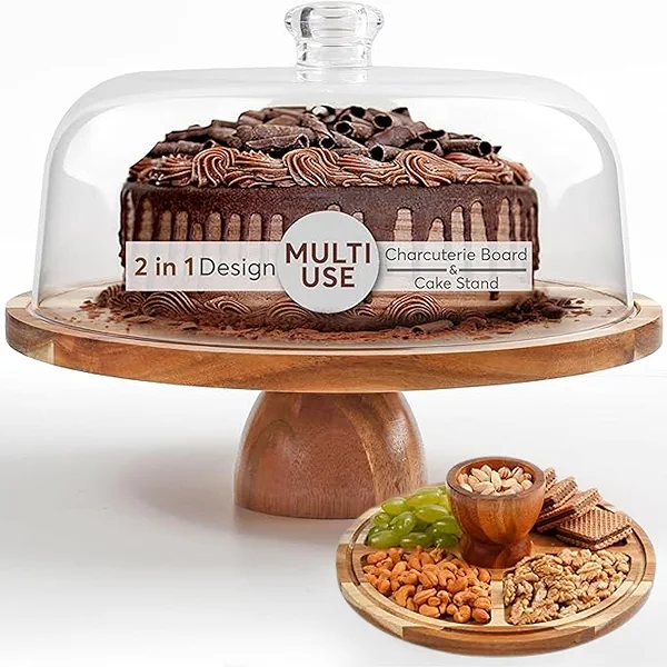 BreezyHome 2-in-1 Acacia Wood Cake Stand with Lid, Cake Stand with Acrylic Dome Light Weight, Strudy & Well Polished, Cake Plate with Lid for Parties, Weddings, and Everyday Use, Cake Display Stand with Lid