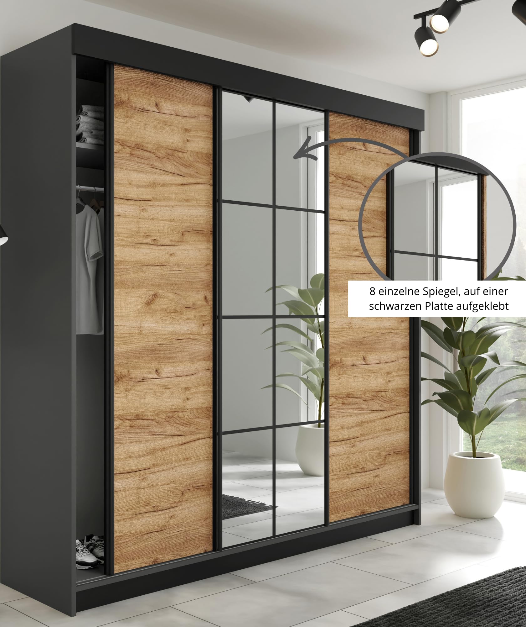 KIER FURNITURE Schiebegarderobe LAMARO mit Spiegel - Schrank Schlafzimmer - Schlafzimmerschrank - Wardrobe Bedroom - Kleiderschränke - Kleiderschrank Weiß - 250x205x59 cm