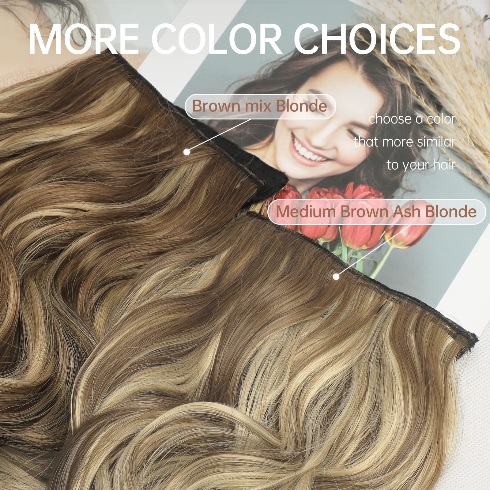 KooKaStyle Invisible Wire Hair Extensions with Transparent Headband Adjustable Size 4 Secure Clips Long Wavy Secret Wire Hairpiece 20 Inch Medium Brown Ash Blonde for Women