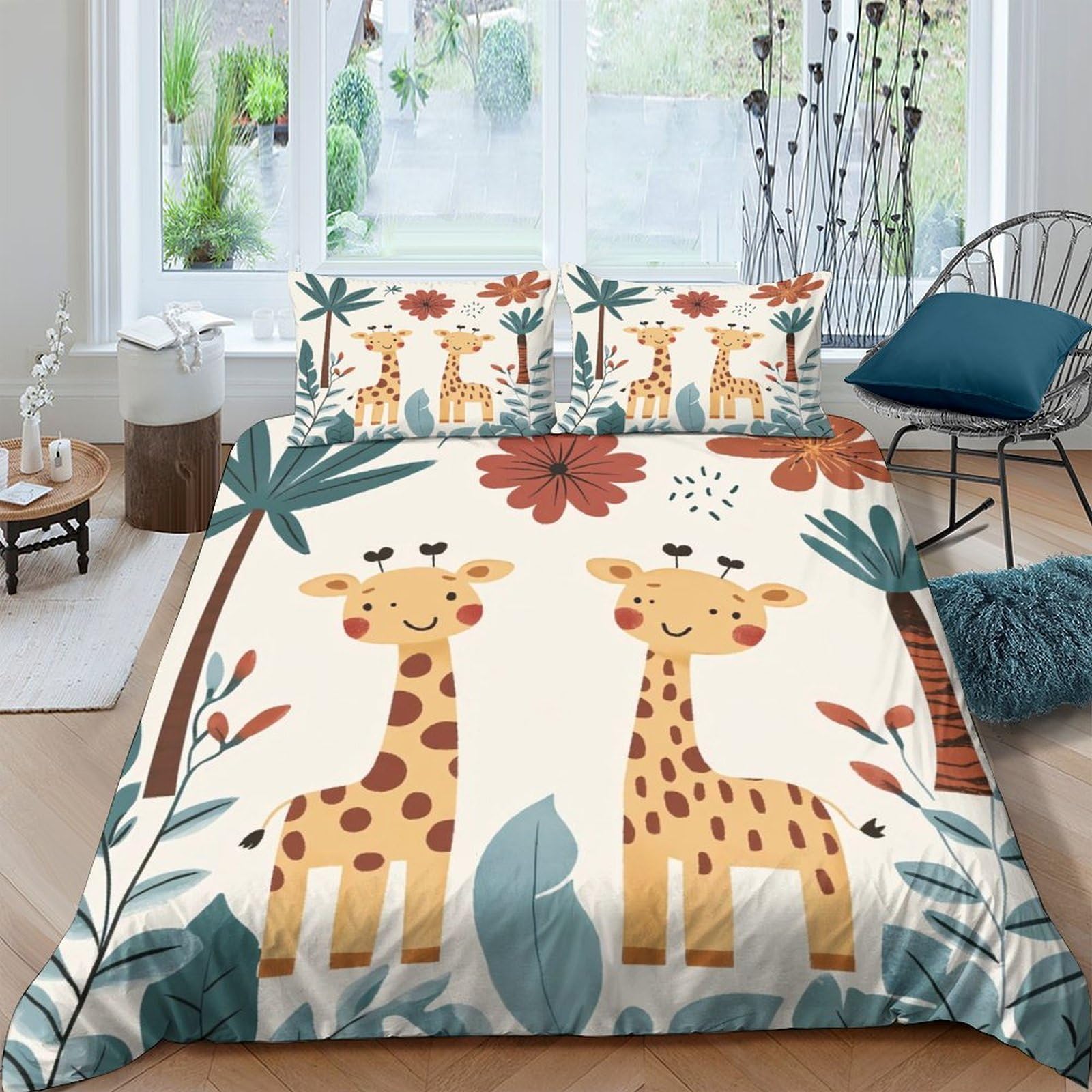 Ctjqhvkz Style-4 3D Printed Cartoon Giraffe Fitted Sheet Microfiber Soft Yellow Botanical Bed Cover For Bedroom Guest Room Decor Single（135X200cm）