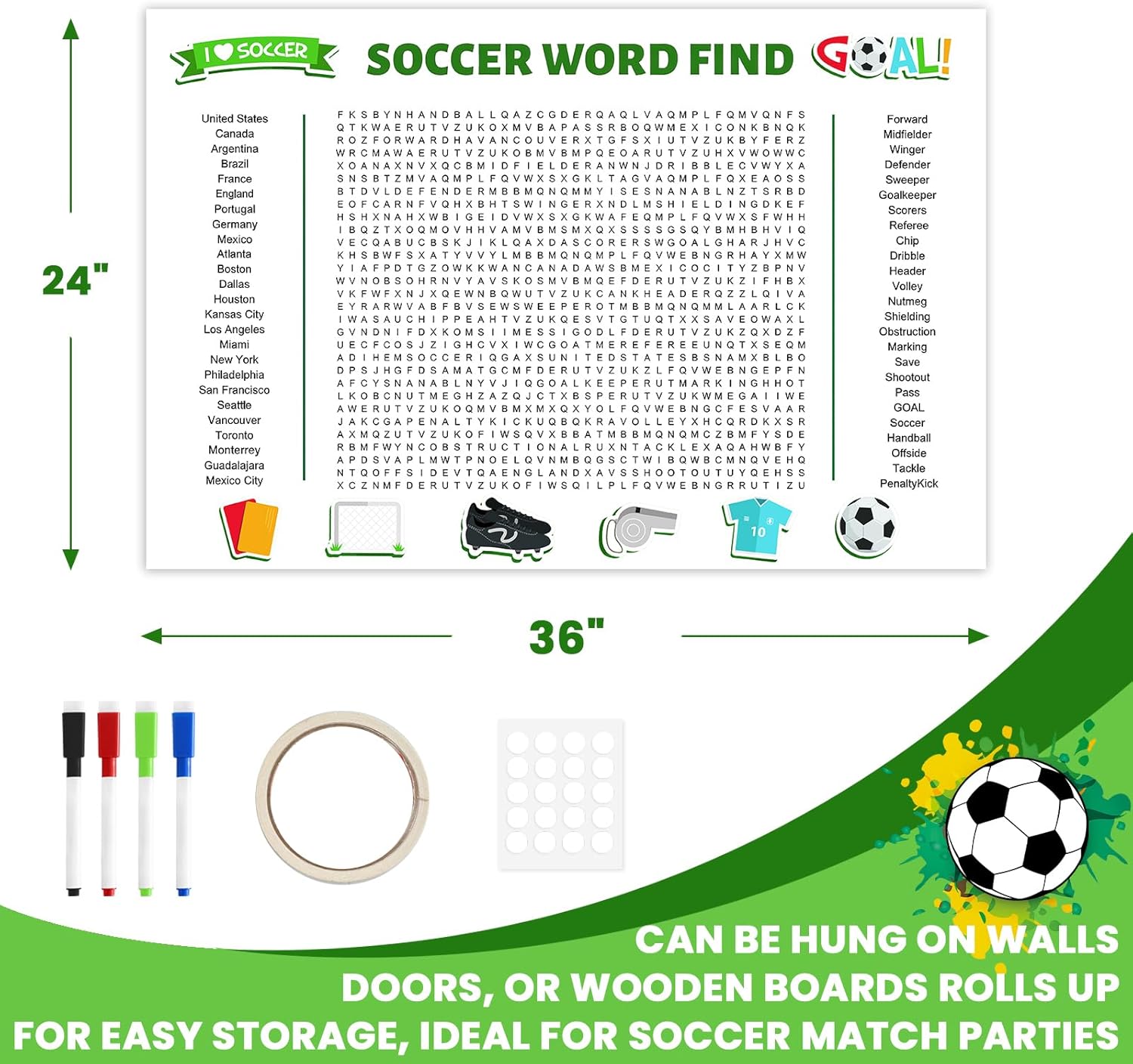 2026 Jumbo Soccer Word Search Poster, Giant Soccer Word Find Puzzle Poster Game, 36"X24" Wall with 50 Words, Comes with Erasable Marker, Wall Game for Family Game Day Party Activity (White) - Image 7