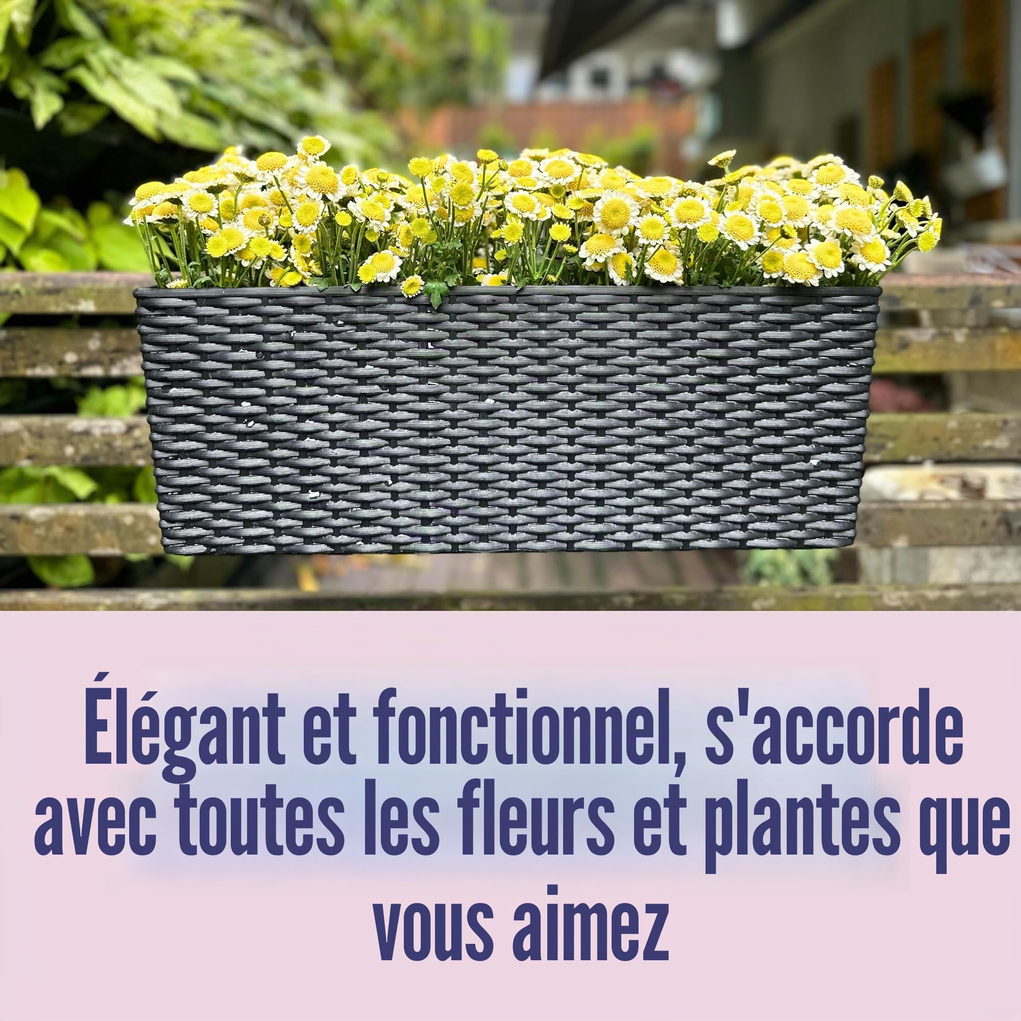 LaLaGreen Lot de 2 grands pots de fleurs rectangulaires pour balcon à arrosage automatique avec supports, clôture en plastique avec motif rotin, 50,8 cm, noir