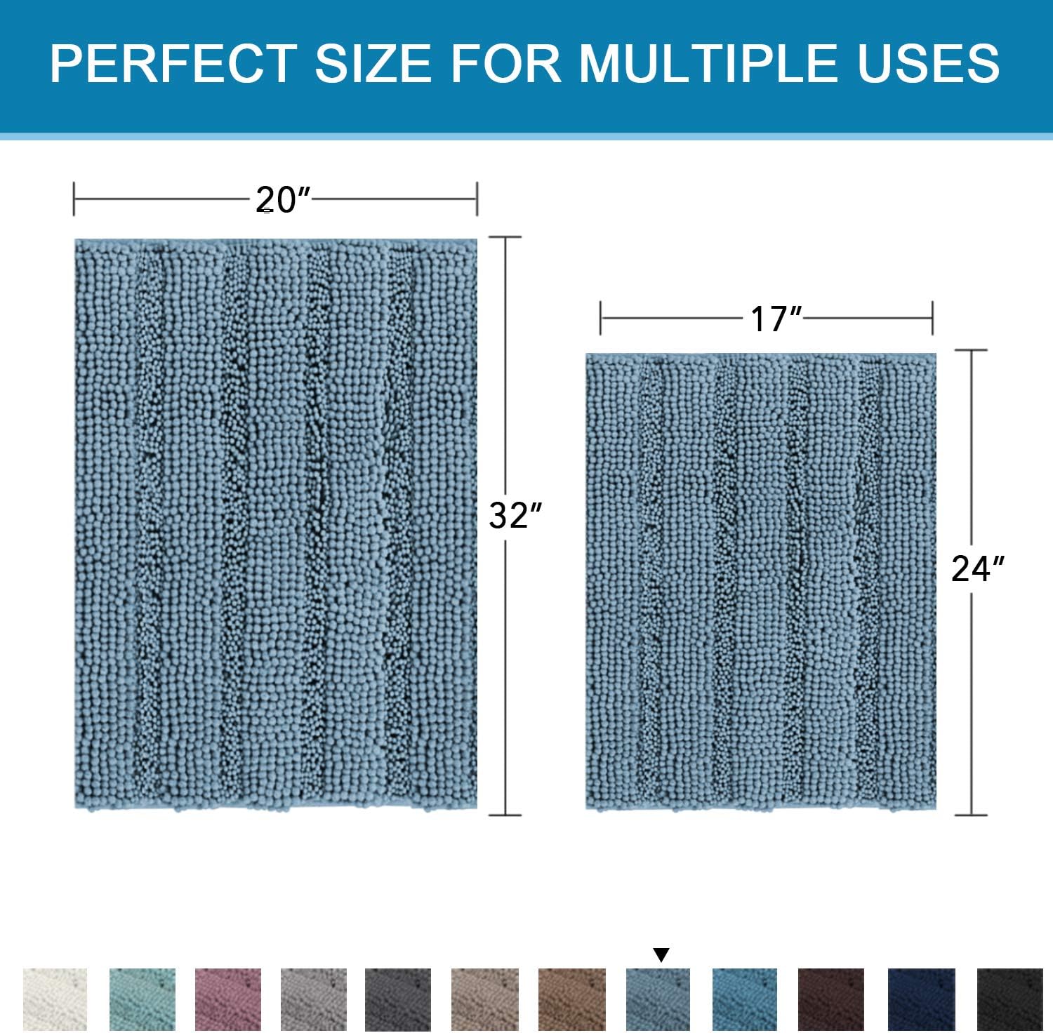 2 Piece Bathroom Set Extra Thick Chenille Striped Pattern Bath Rugs for Bathroom Non Slip Soft Plush Shaggy Bath Mats for Bathroom Floor(Stone Blue, 32 x 20 Plus 24 x 17 - Inches): Home & Kitchen