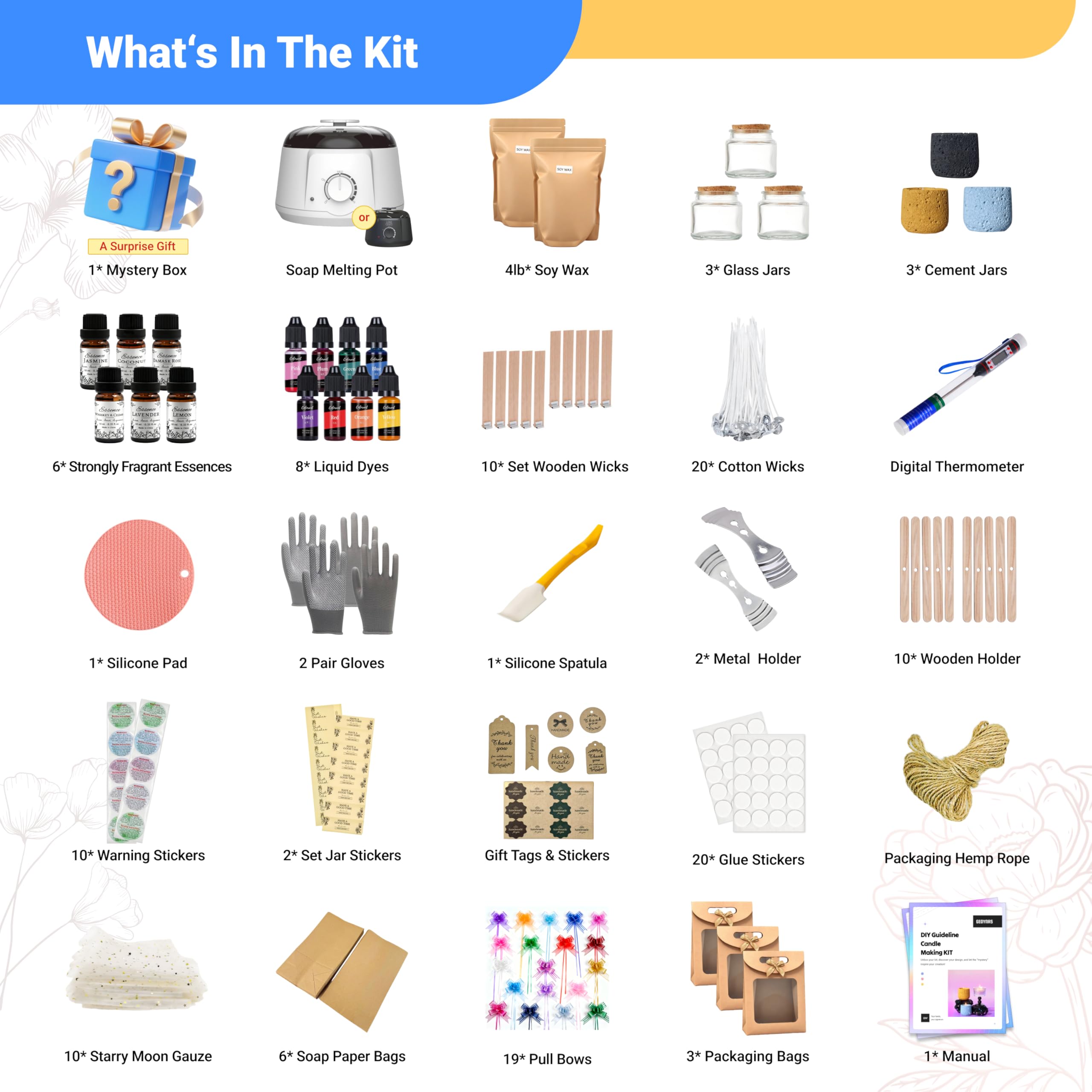 Geoynas Kit per la creazione di candele per adulti e principianti: forniture per la produzione di candele in cera di soia, 1,8 kg di cera di soia, 6 unità di profumi di lunga durata, 30 stoppini per
