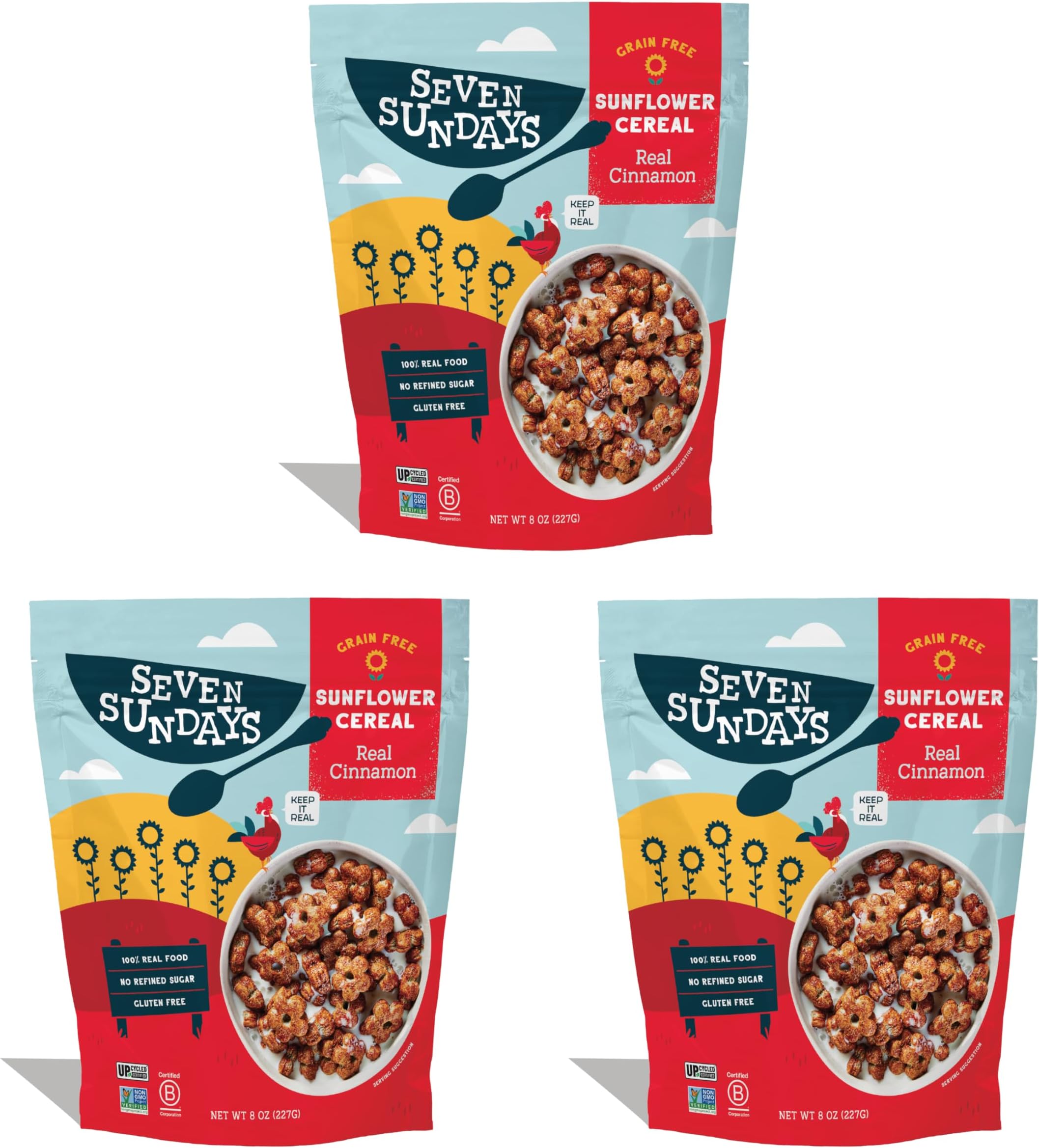 Seven Sundays Sunflower Cereal, Real Cinnamon, 8 Oz Bag (Pack of 3), Grain & Gluten Free, 5g Upcycled Protein, 2g Added Sugar, Cinnamon Crunch Snack