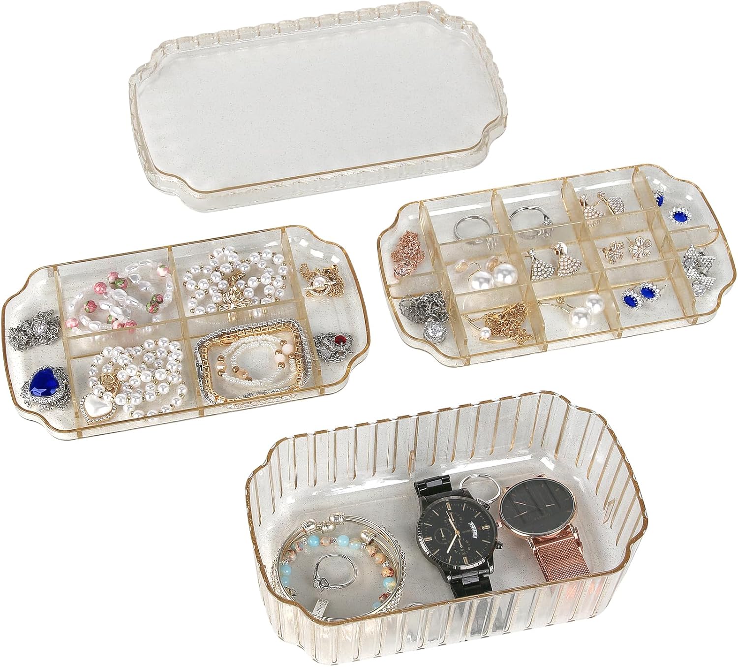 LETURE 3-Layer Jewelry Organizer Box for Earrings, Rings, Necklaces, Bracelets, Clear Plastic Bead Storage Containers for Crafts (Gold)