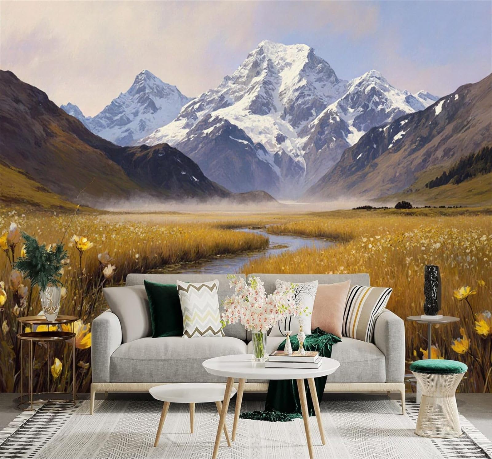 Snow Capped Mountains Rivers Golden Meadows Yellow Flowers Natural Scenery 3D Wallpaper Creative Modern Decoration Murals Home Decor Study Living Room Bedroom Sofa Background-250cm×170cm