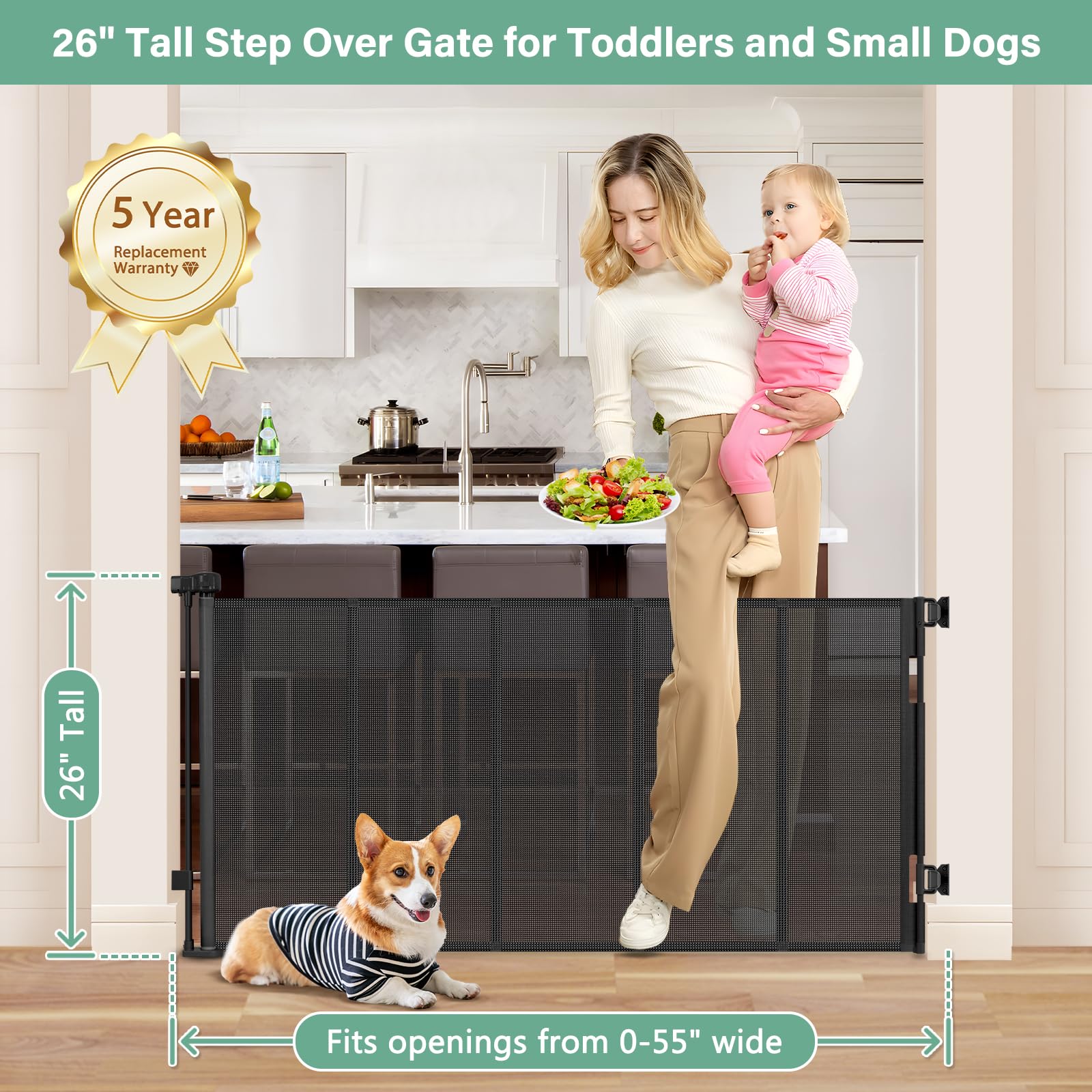 Reinforced 26 Inch Tall Retractable Dog Gate to Step Over 55