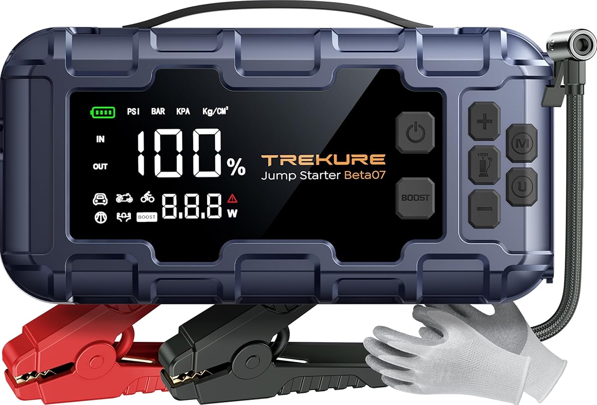 TREKURE 6000A Jump Starter with Air Compressor 160PSI, 45W Charging Car Battery Jump Starter for All Gas/ 12L Diesel, 12V Car Jumper Starter Power Bank Charger Portable with Gloves, Lights