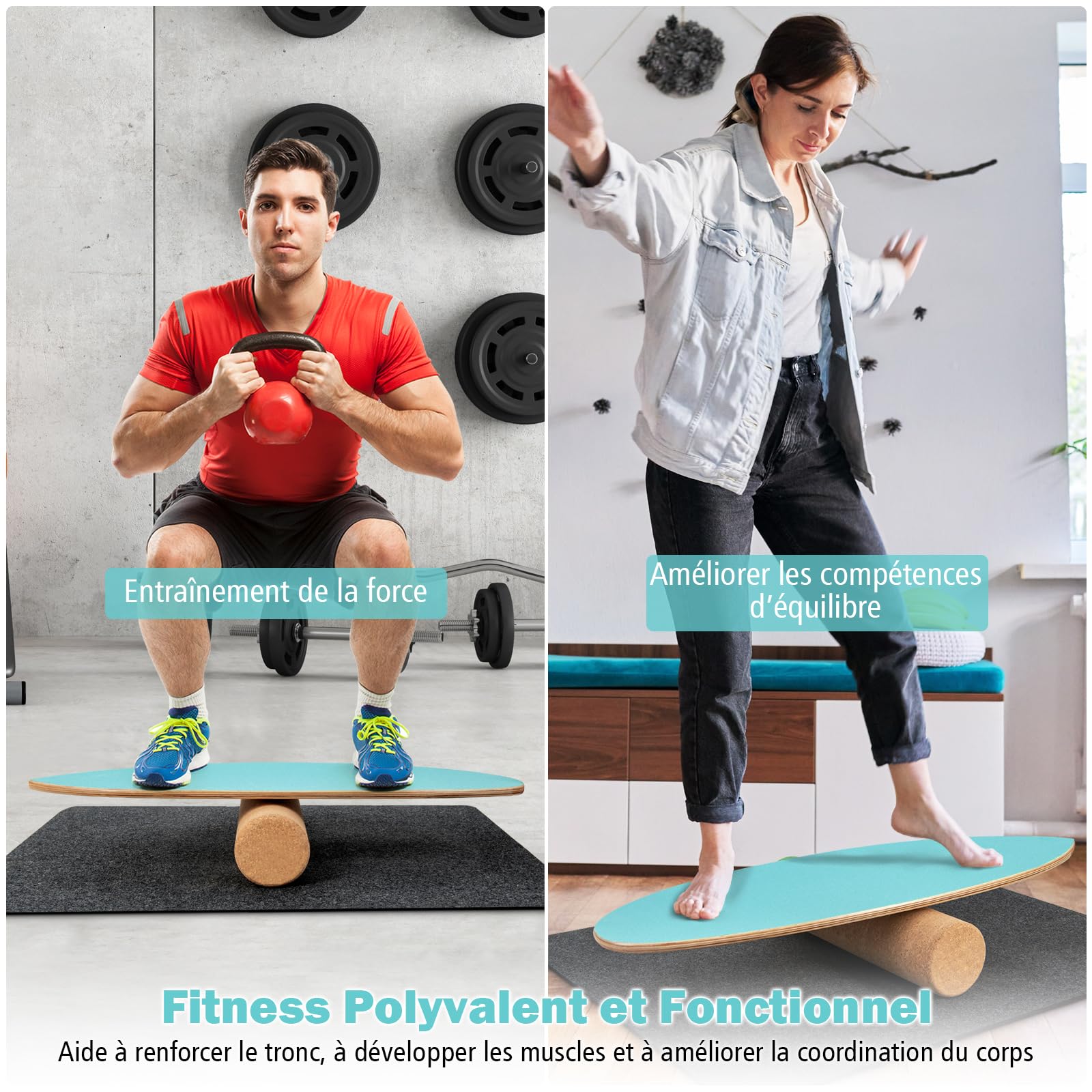 GOPLUS Planche d'Équilibre en Bois avec Rouleau en Liège et Tapis de Feutre Antidérapant, Surf Balance Board d’Entraînement, Améliore Force du Tronc, Charge Max 100kg