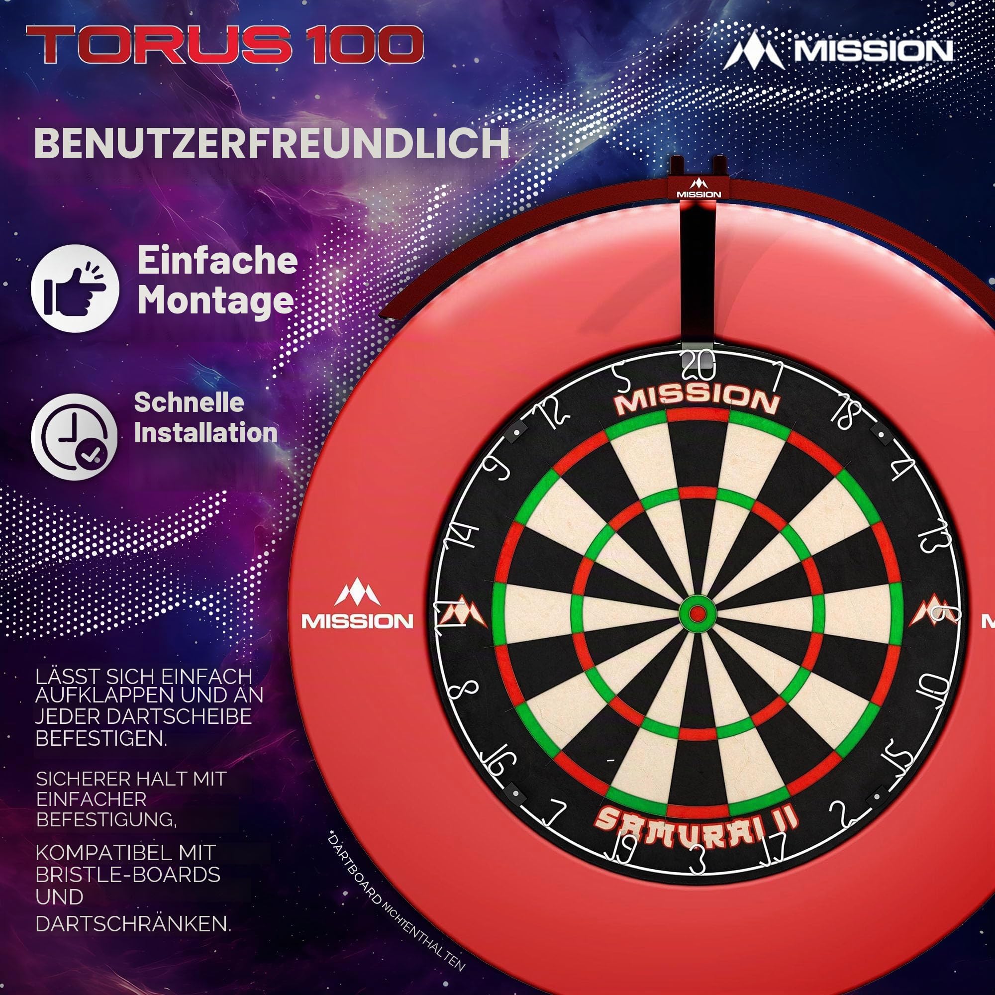 Mission Darts TOR100 Torus 100 | Dartscheibe LED klappbar tragbar Dartscheibe Reise Beleuchtungssystem