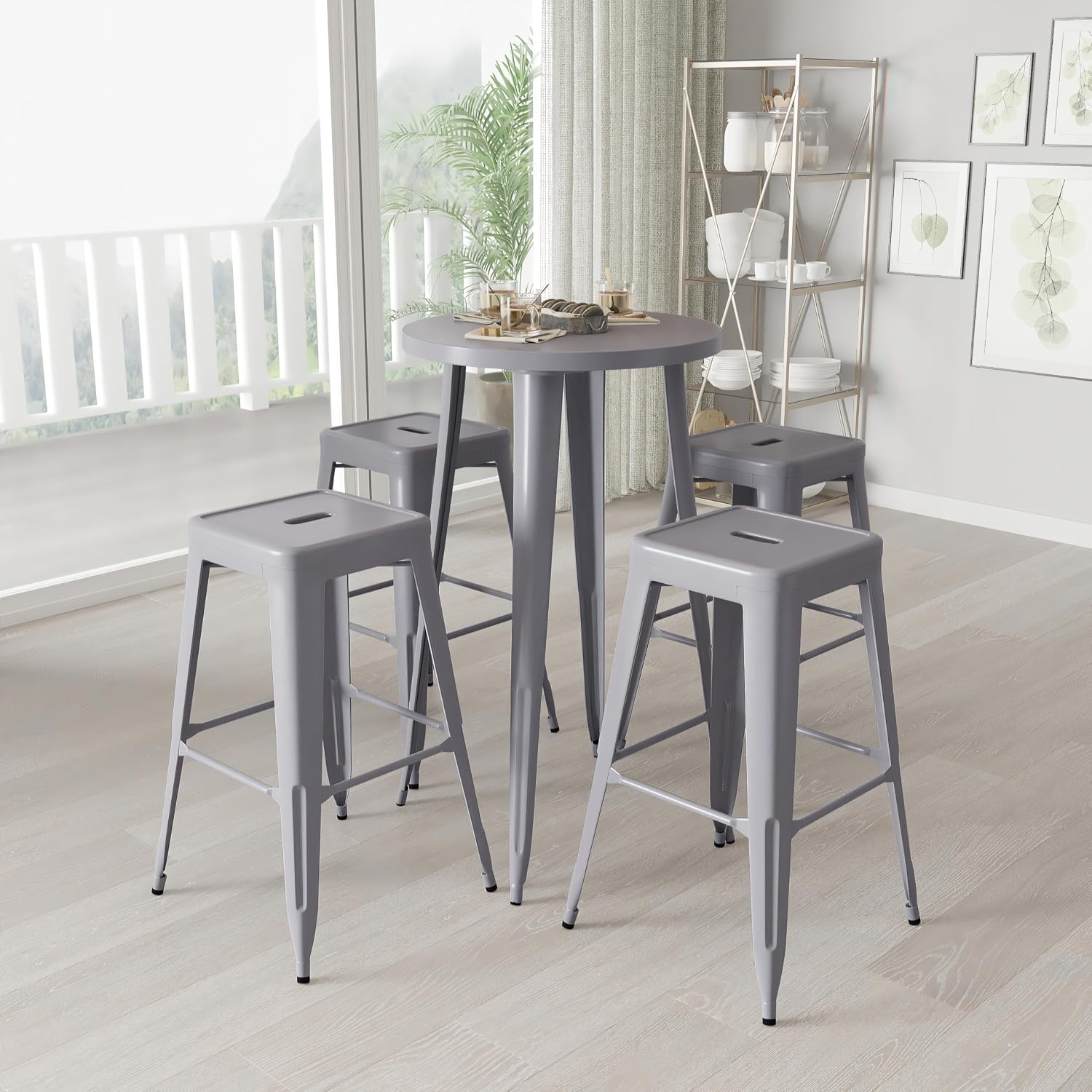 Merrick Lane Giosetta 5 Piece Table and Chairs Set - Silver Powder Coated Frames - 24" Round Bar Height Table - 4 Backless Barstools - Rubber Floor Glides