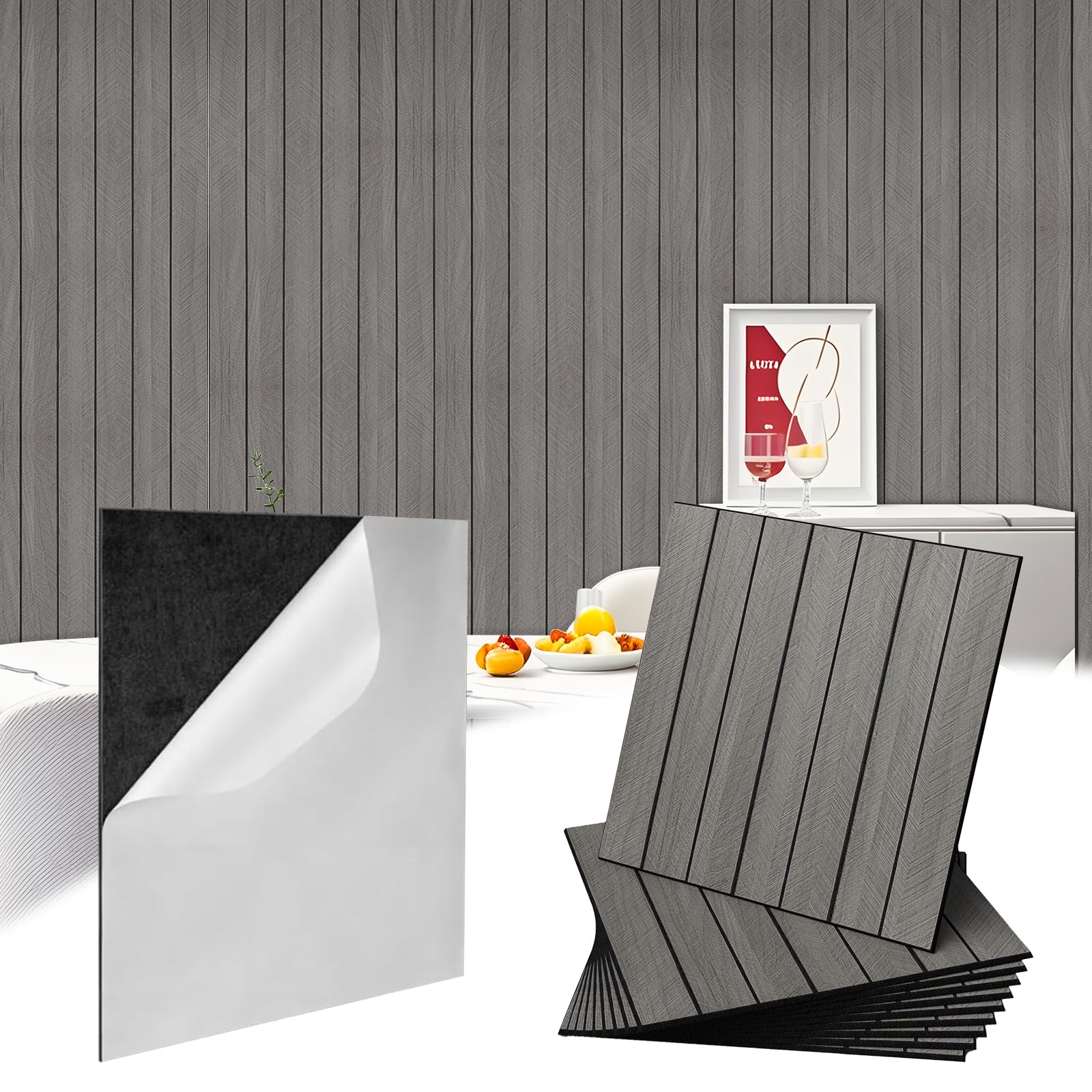 Pannelli da parete autoadesivi, effetto listelli in legno, 30 x 30 cm, 12 pezzi, piastrelle adesive per cucina, pannelli da parete in PVC, piastrelle autoadesive per pareti della cucina (grigio)