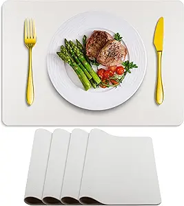 Placemats Set of 4 Washable, Heat Resistant Table Placemats Wipeable Faux Leather Place Mats Non Slip, Waterproof Square Table Mats for Indoor Outdoor, White