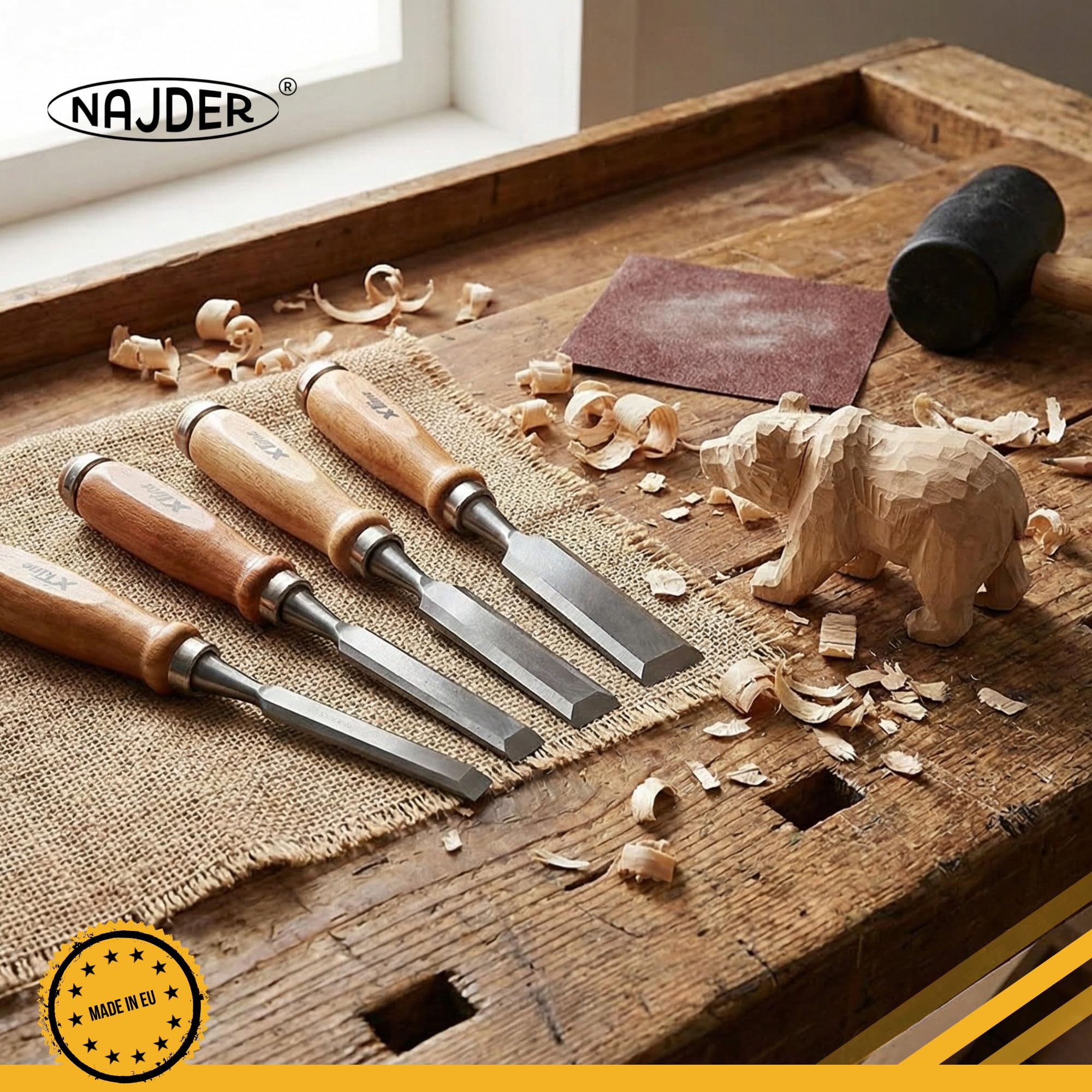 NAJDER Large Ensemble de Ciseaux à Bois, Outils Professionnels de Sculpture Gravure DIY, pour Sculpteur, Charpentier, Rond Biseauté, Manche en Frêne, 12 Éléments