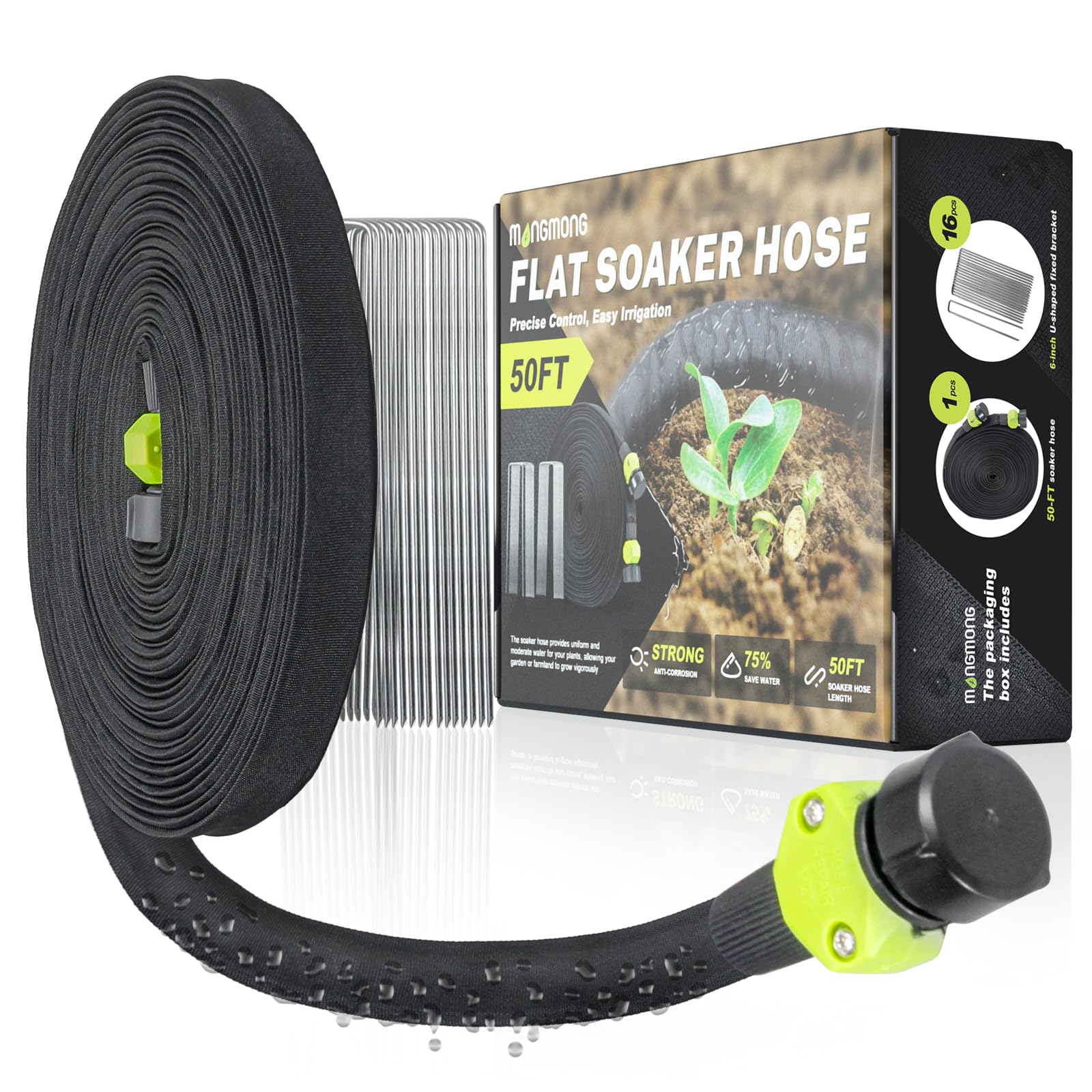 Flat Soaker Hose 50FT for Garden Beds, Flexible Double Layer Drip Irrigation System with 8 Brackets, Saving 75% Water Linkable Expandable Auto Irrigation Tubing with Holes for Lawn Outdoor Plants