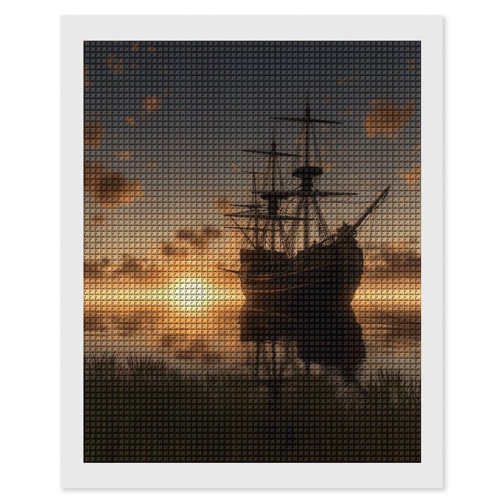 Ship in The Lake Sunset Diamond Art Kits for Adults, DIY 5D Diamonds Painting Kits for Beginner, Round Full Drill Diamond Dots Painting, 16"x20" Diamonds Pictures Gem Art and Crafts Wall Decor
