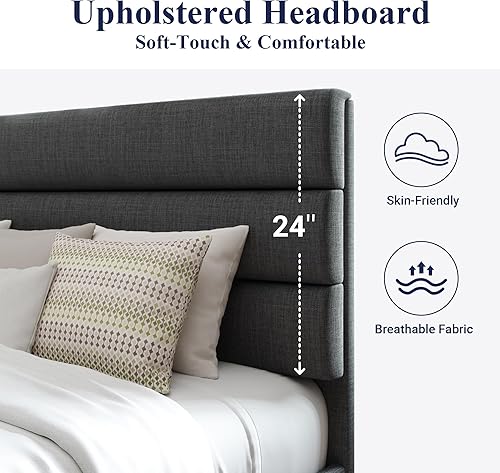 Miniatura 4 de Allewie Base de cama de plataforma tamaño Queen con cabecera tapizada de tela y soporte de listones de madera, base de colchón totalmente tapizada,