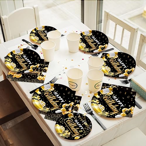 Miniatura 7 de Juego de vajilla para fiesta de cumpleaños de 96 piezas, color negro y dorado, platos y servilletas de fiesta negros, suministros de papel