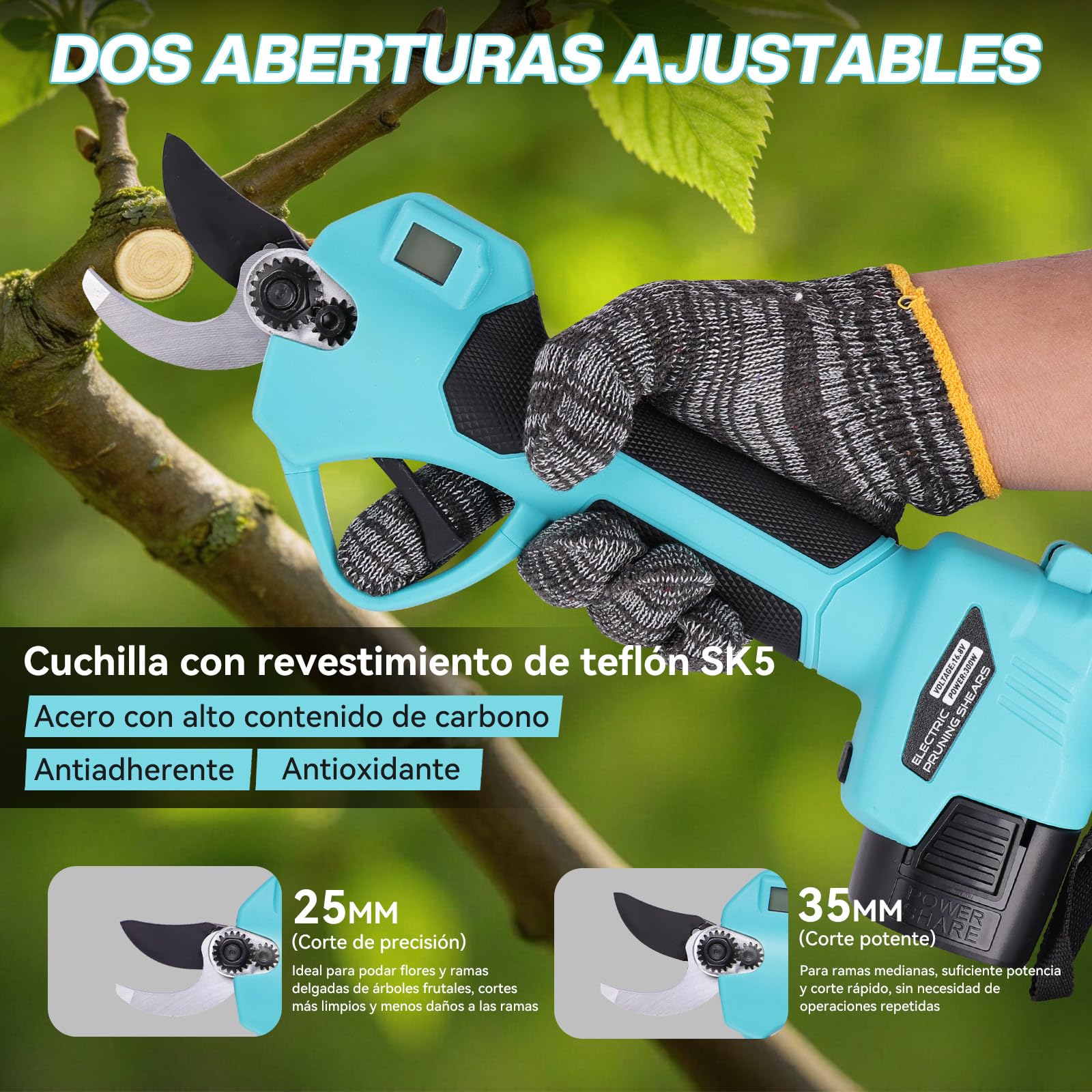 Sécateur Électrique Sans Fil, 35mm 2 Batteries 2.0Ah Sécateur à Batterie avec Moteur Brushless et Lames SK5 avec Revêtement PTFE pour Jardin Verger et Vigne Bleu