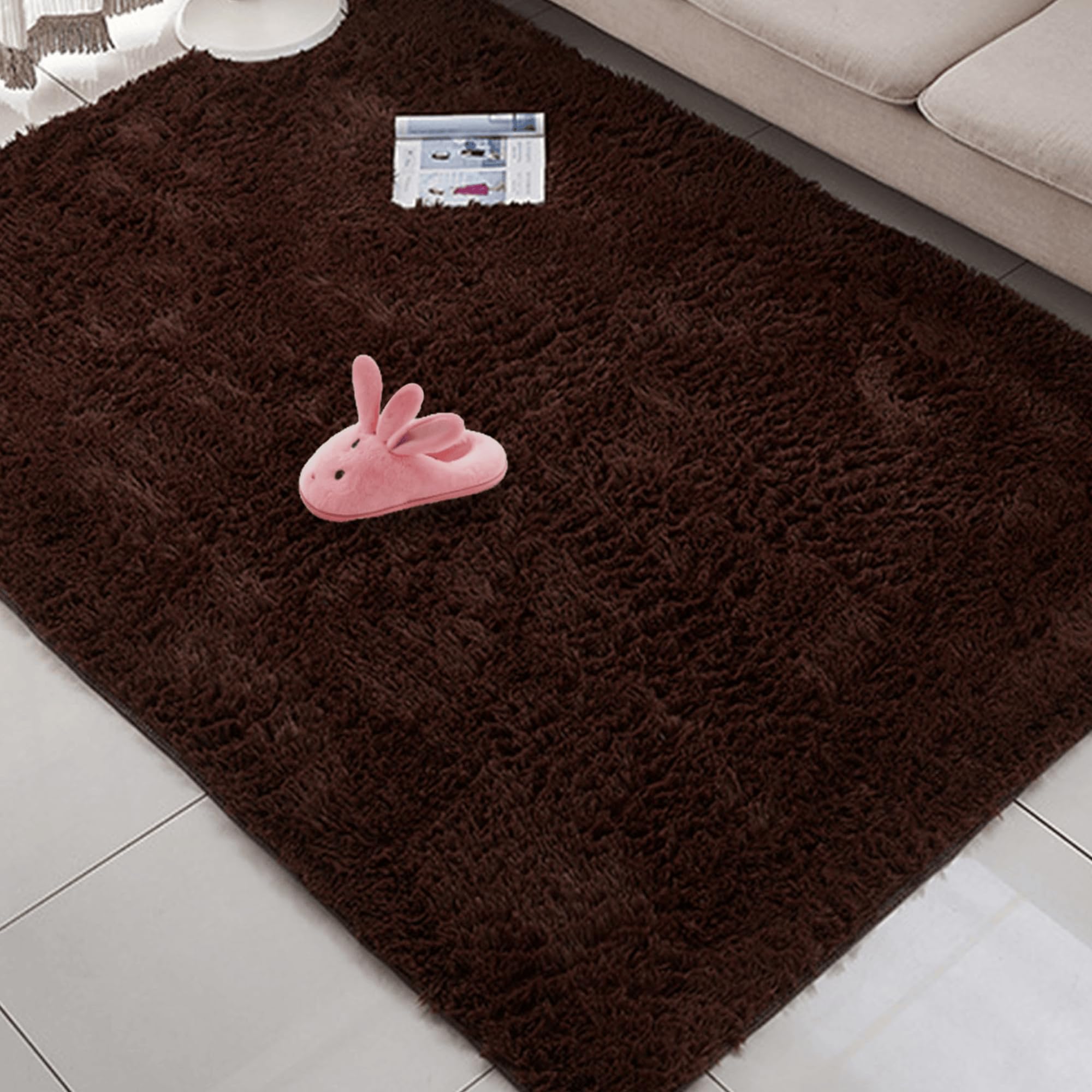 Tapis chambre moderne doux 210x210 cm pour salon et bebe brun