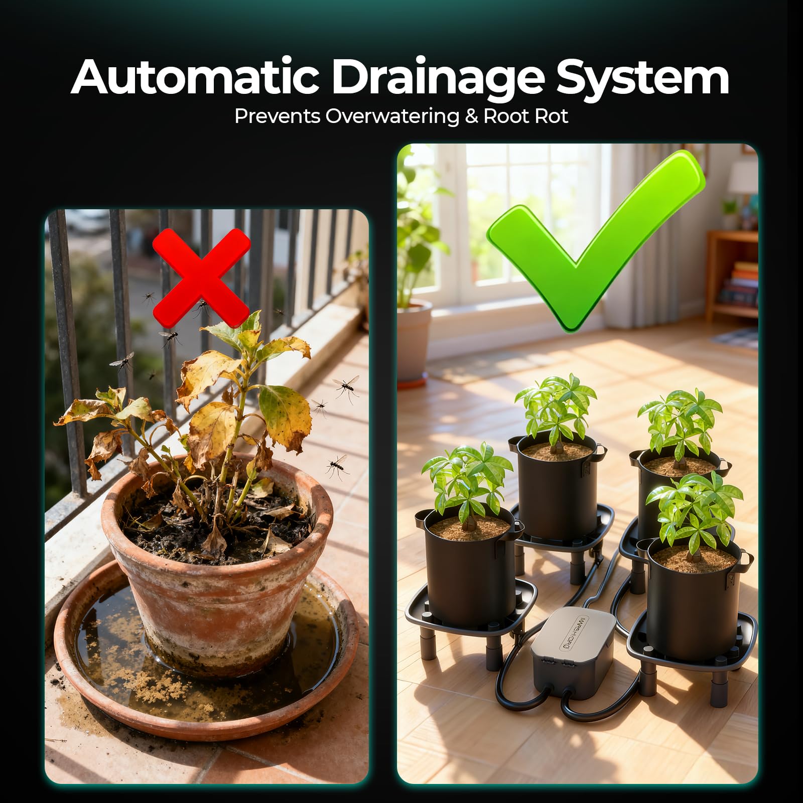 MARS HYDRO Sistema de drenaje automático, 4 cuencos, 1 bomba y 4 sacos de plantas (18,9 L), para cultivar plantas en maceta